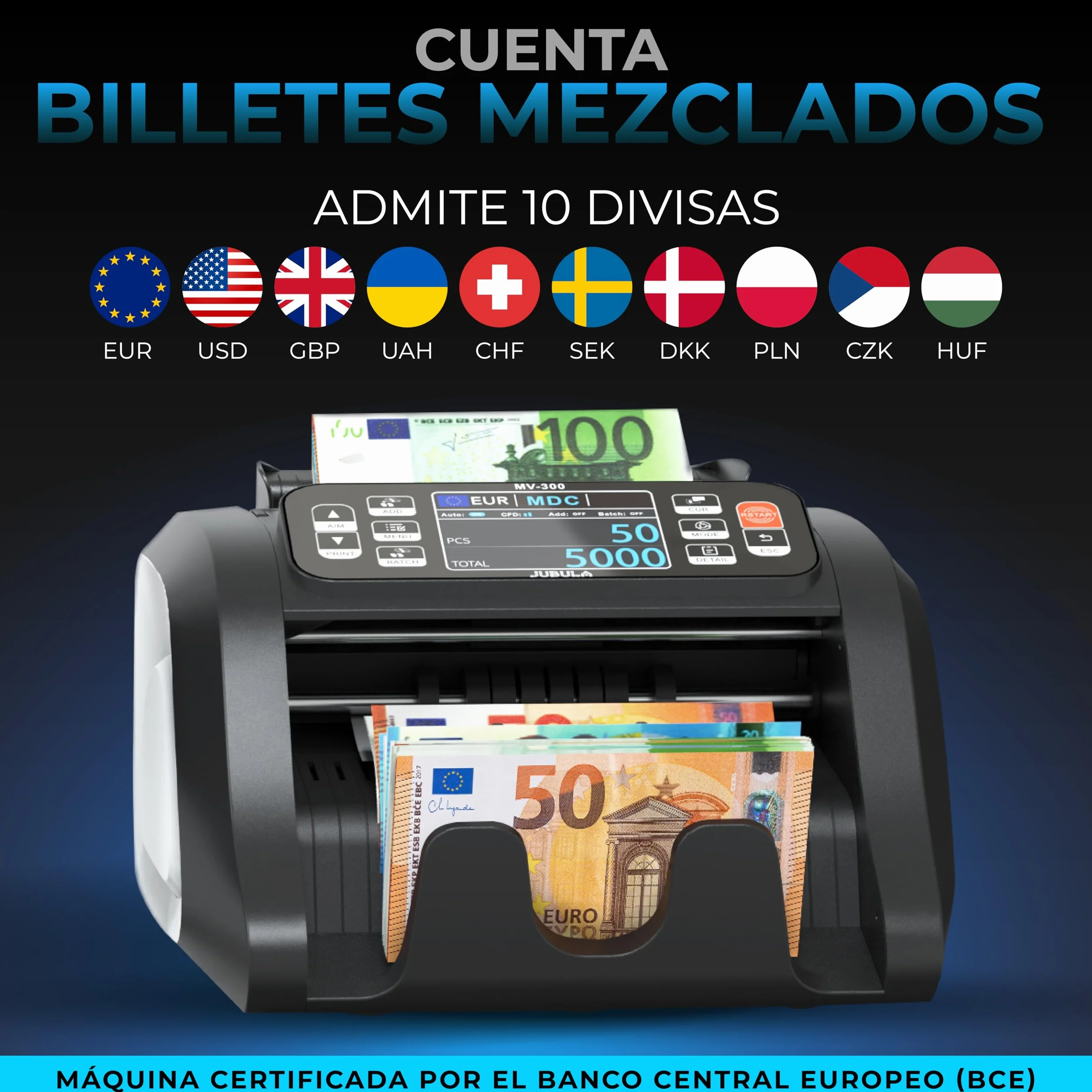 MV-300 Contador de Billetes Mixtos con 8 Veces Reconocimiento de Falsos EUR USD GBP