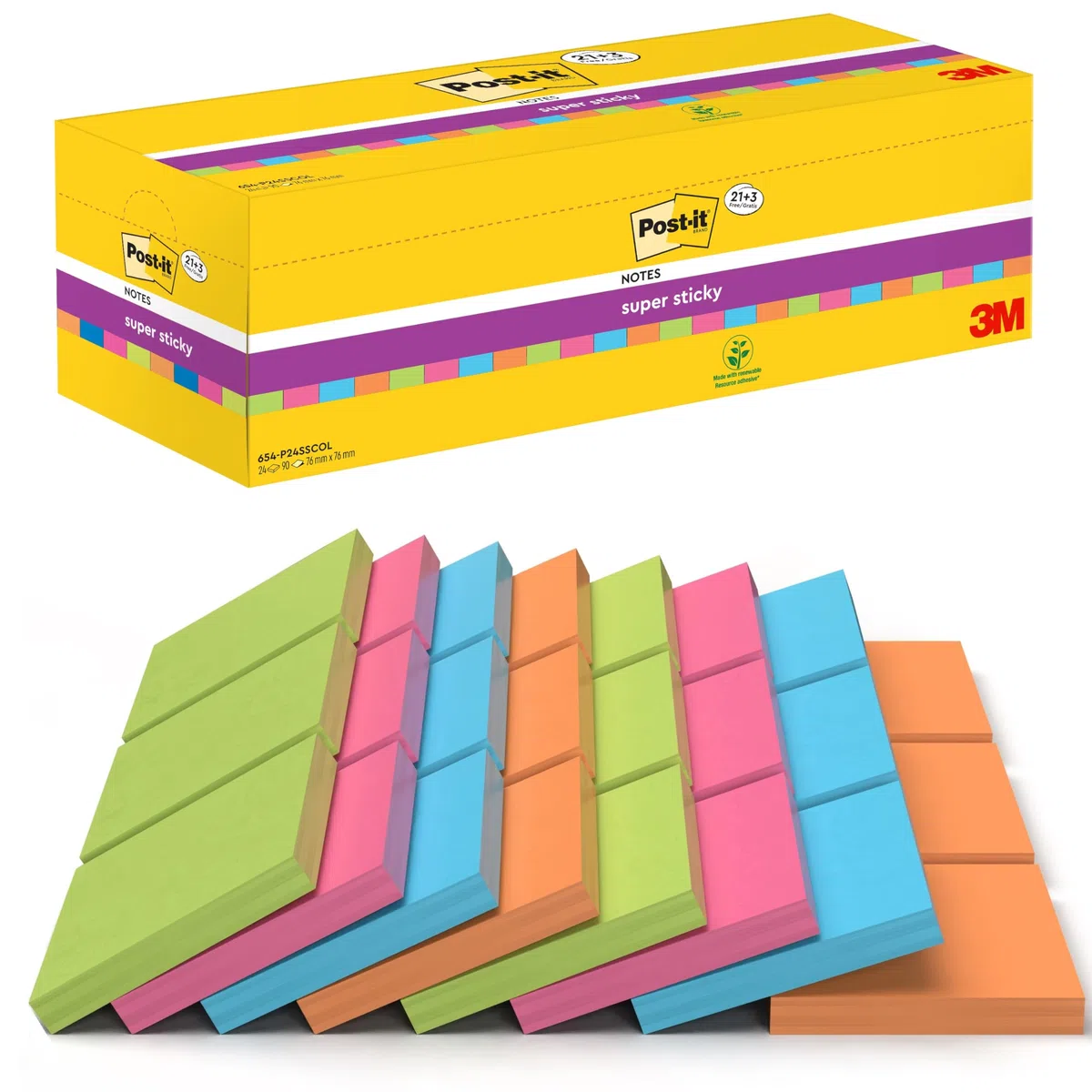 Post-it Notas Super Sticky - Paquete de 24 Blocs, 90 Hojas por Bloc (76 mm x 76 mm) - Verde, Rosa, Azul y Naranja - Notas Autoadhesivas para Listas de Tareas y Recordatorios