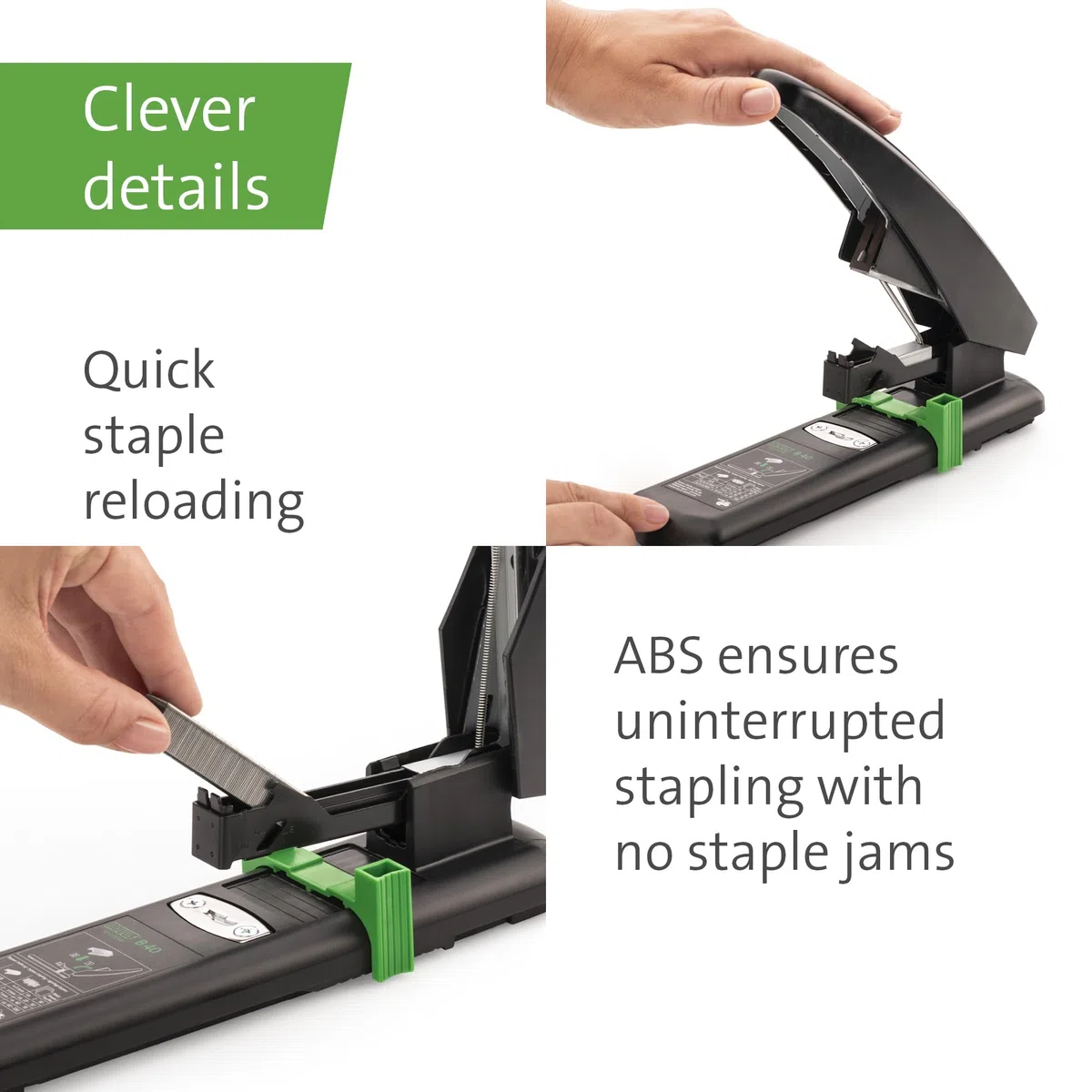 Novus B 40 re+new - Grapadora de bloques sostenible (capacidad de grapado 100 hojas, sistema antibloqueo, parte inferior de plástico y parte superior de metal con revestimiento de plástico 97% de