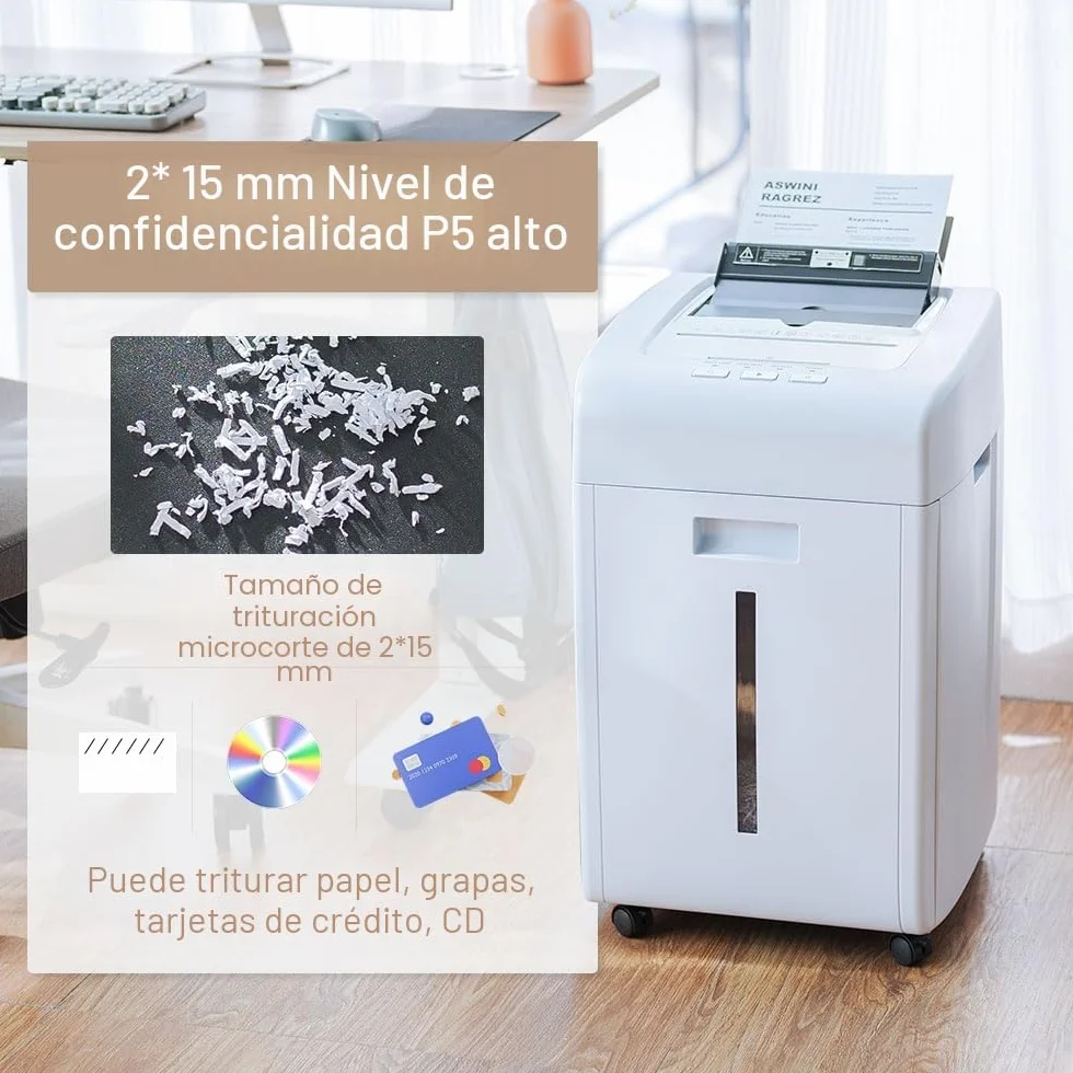 Kalopsia Destructora de Papel Profesional: 200 Hojas Destructora Automatica 60Min Trituradora de Papel Microcorte Seguridad P5 Tarjeta de Crédito/CD/Grapa Destructora Papel Oficina Casa con Cubo 35L