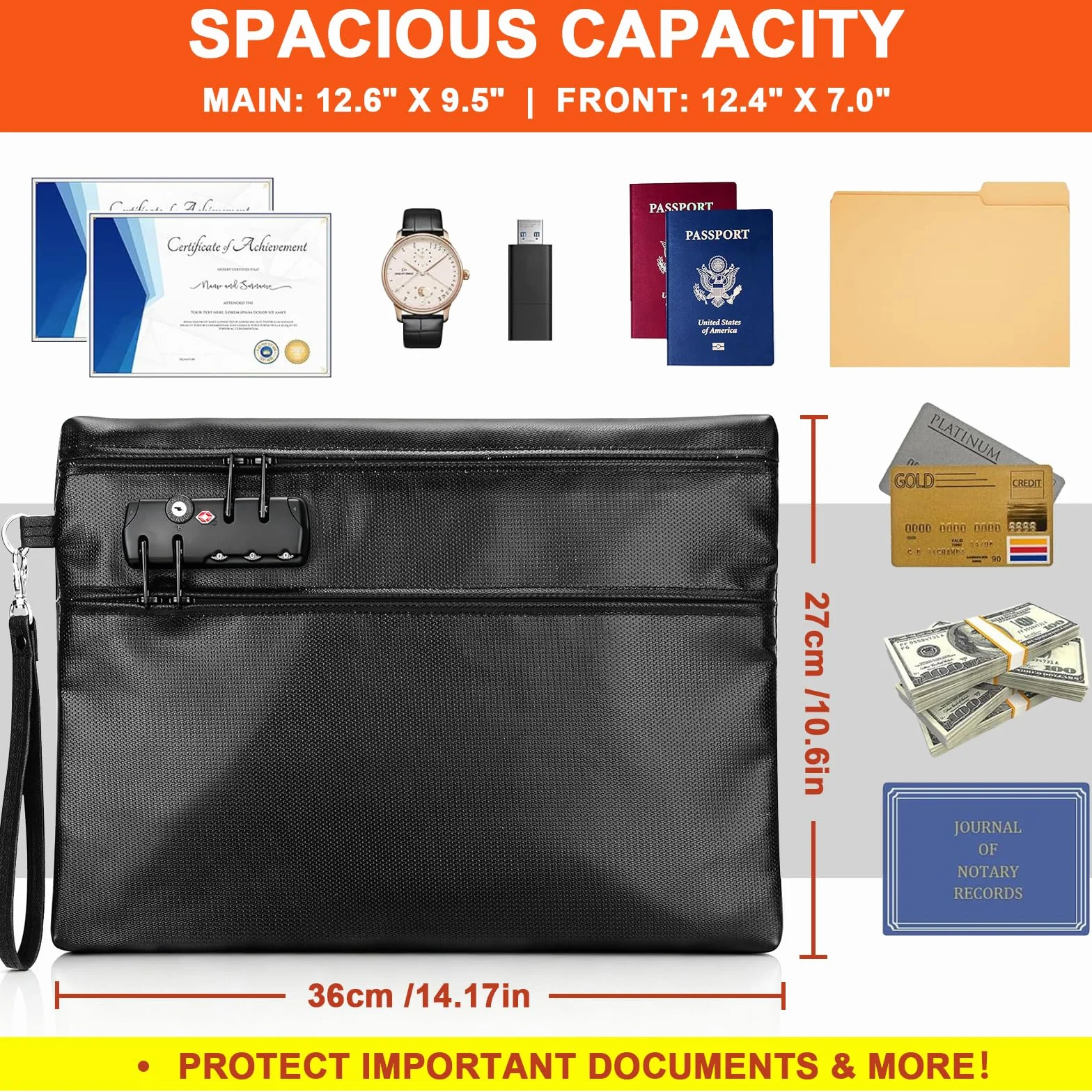 Bolsa de Documentos Resistente al Fuego de 6400°F con Cerradura de Combinación - Bolsa para Dinero Resistente al Calor para Efectivo, Pasaportes, Escrituras, Teléfonos, Bolsa Impermeable Resistente al