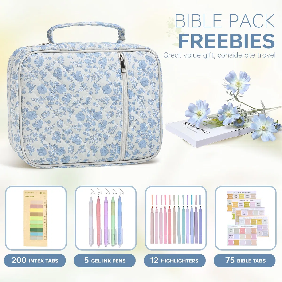 Funda para la Biblia para mujer, funda de bolsa de la Biblia con asa duradera, funda acolchada para transporte de la Biblia para niñas, accesorios de estudio de la Biblia (flor azul)