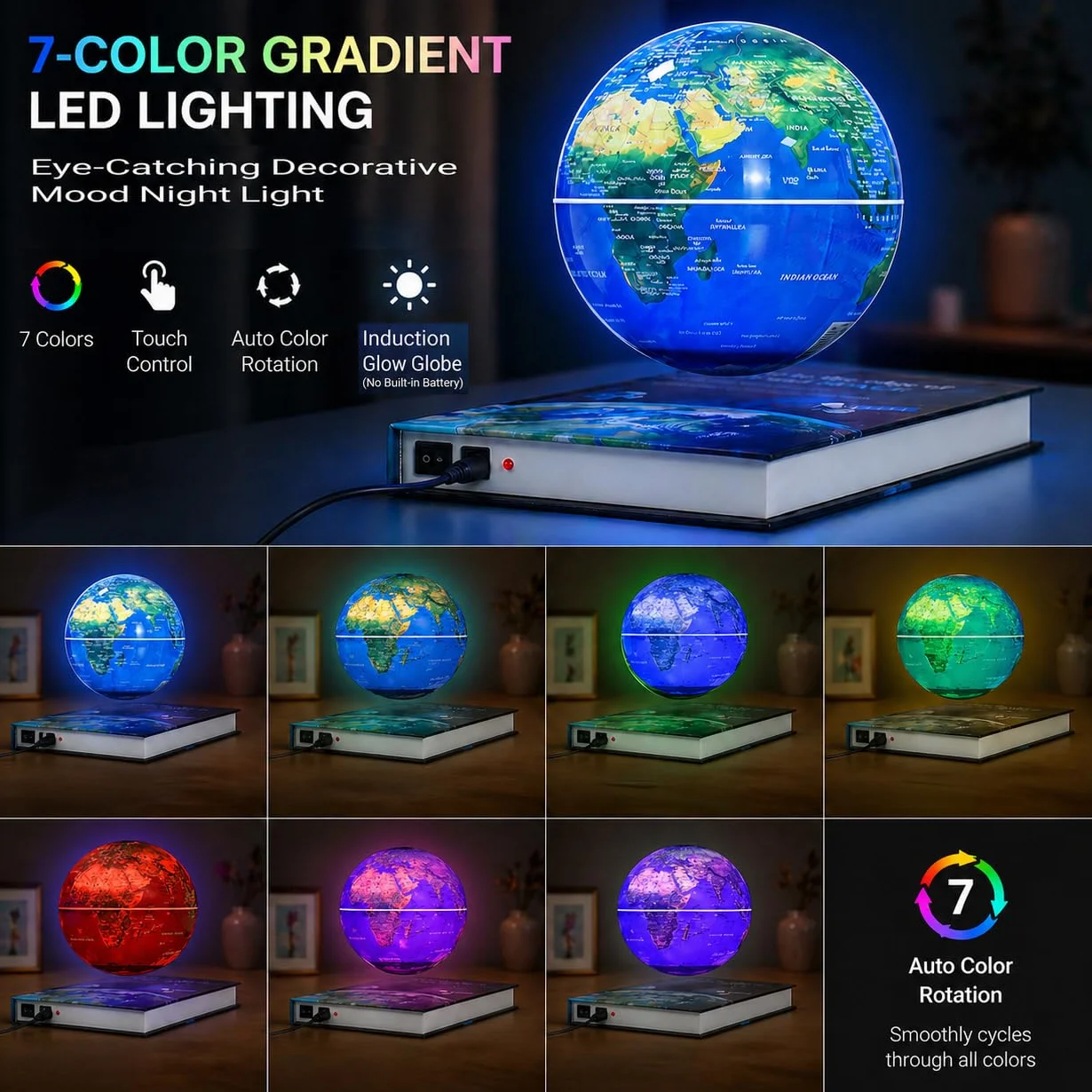 Plataforma flotante magnética y flotante Geo-globo 6 pulgadas mundo con luz LED para regalo de niños, decoración de escritorio genial para hombres/regalo de Navidad