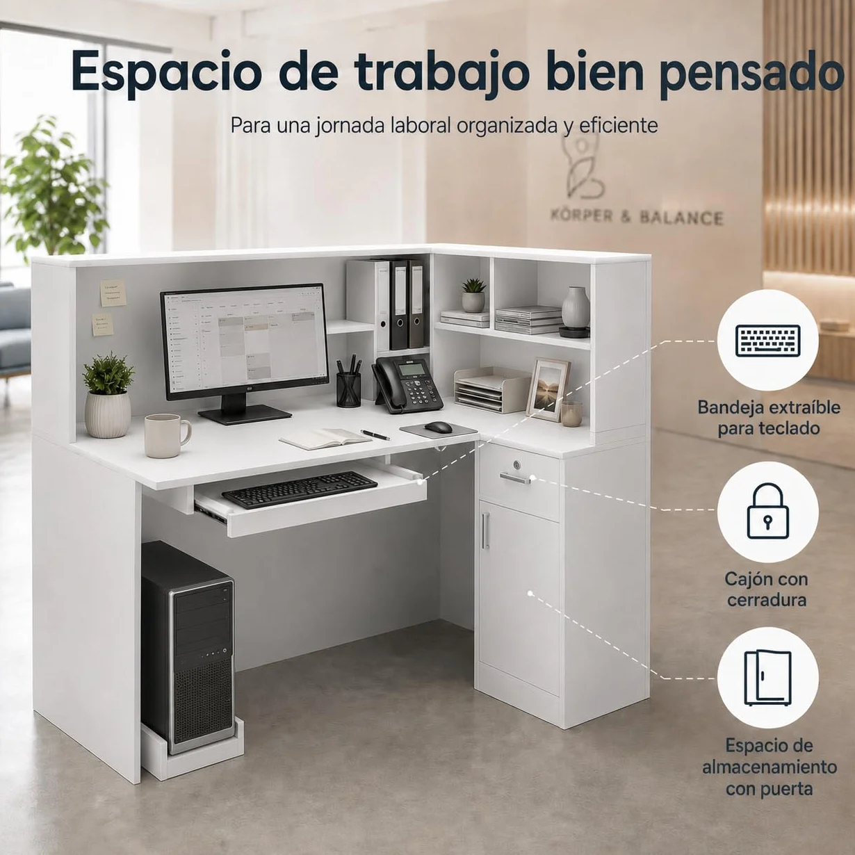 Mostrador de Recepción Blanco en L 142cm Caja Esquinera con Cajón de Teclado, Soporte para PC, Cajón con Llave y 5 Compartimentos 142×82×123cm