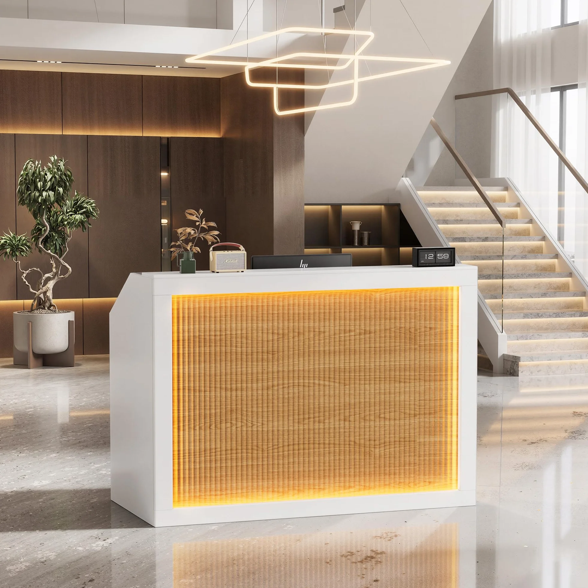 MSFE Mostrador Recepcion con LED,Mostrador de Recepción Grandes con Cajón Armario y Tomas de Corriente,Mostrador de Venta para Caja,Vestíbulo,Salón de Belleza,Oficina,Mueble de Recepción,140*60*110CM