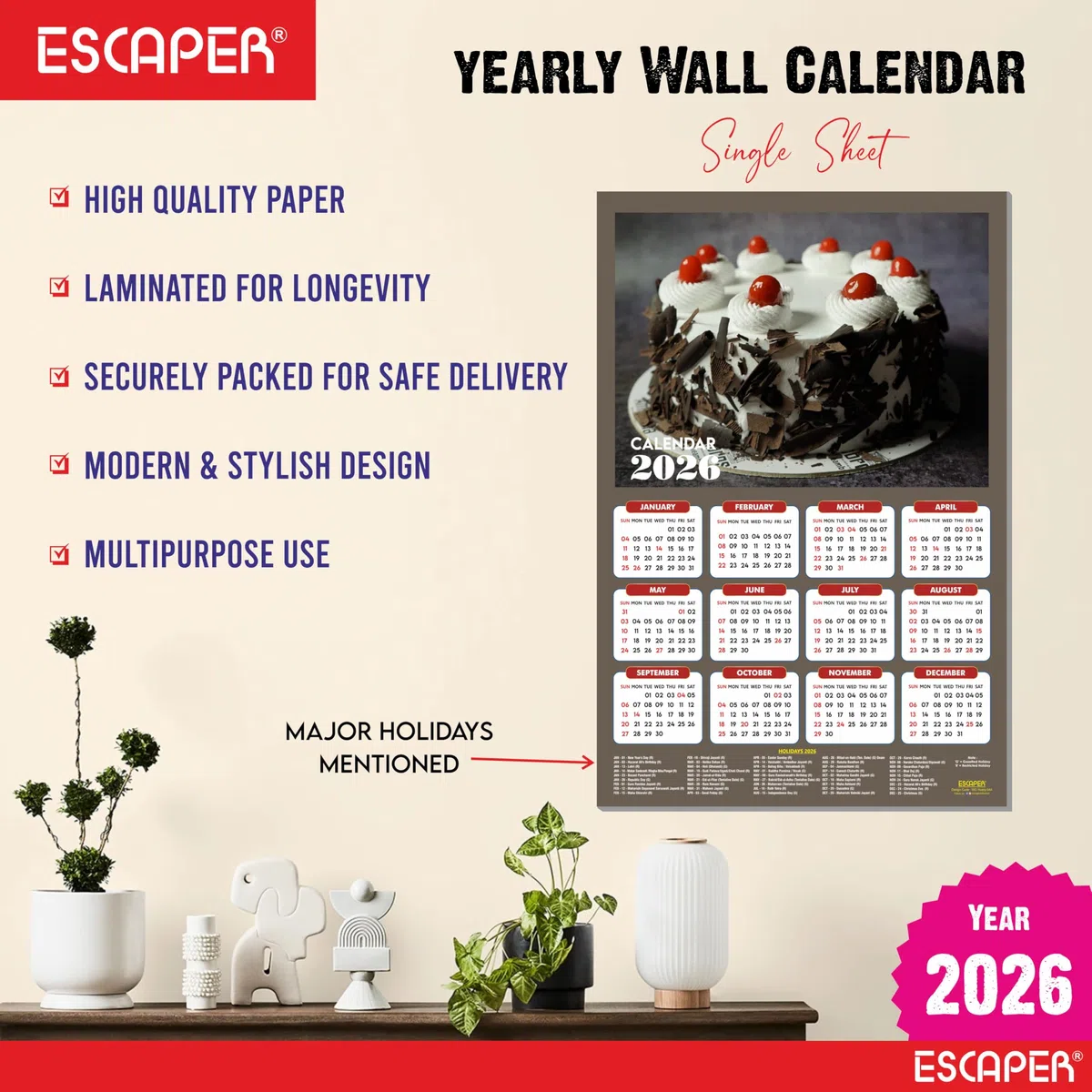 ESCAPER Calendario de pared 2026 con platos de comida, 45 x 30 cm, panadería, cafetería, pizza, comida rápida y cocina china, calendario de decoración de pared para el hogar, cocina y restaurante