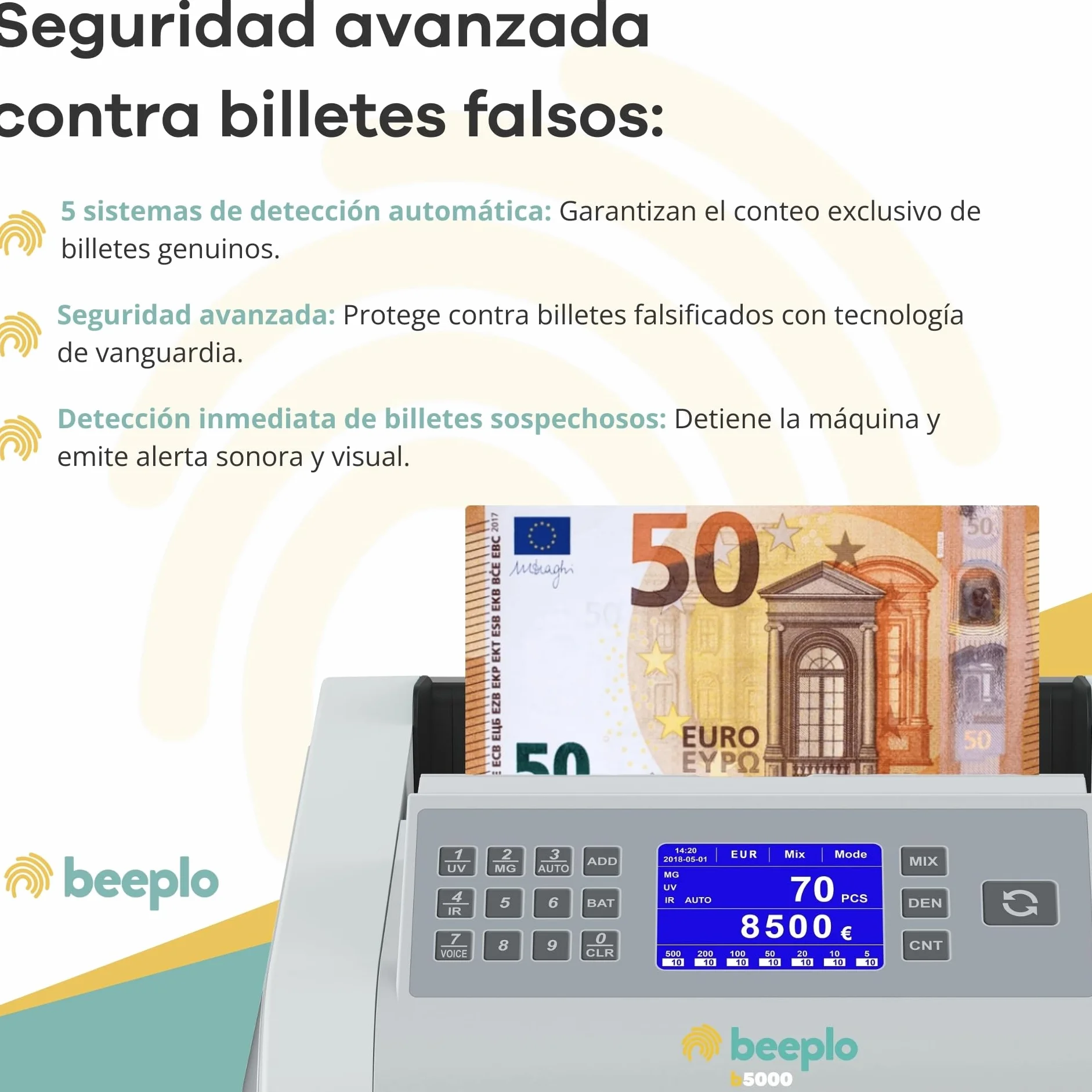 b5000 | Contadora Totalizadora de Billetes EUR | 5 Sistemas de Detección Automática | Precisión Total | Garantía 4 Años