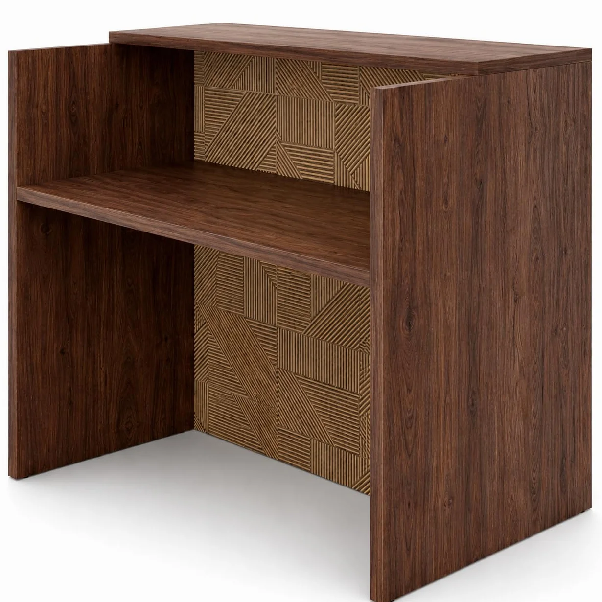 Mostrador de Recepción Compact Kubic. Mesa Mostrador de Oficina, Tienda, Clínica (120cm Ancho, Estructura Nogal)