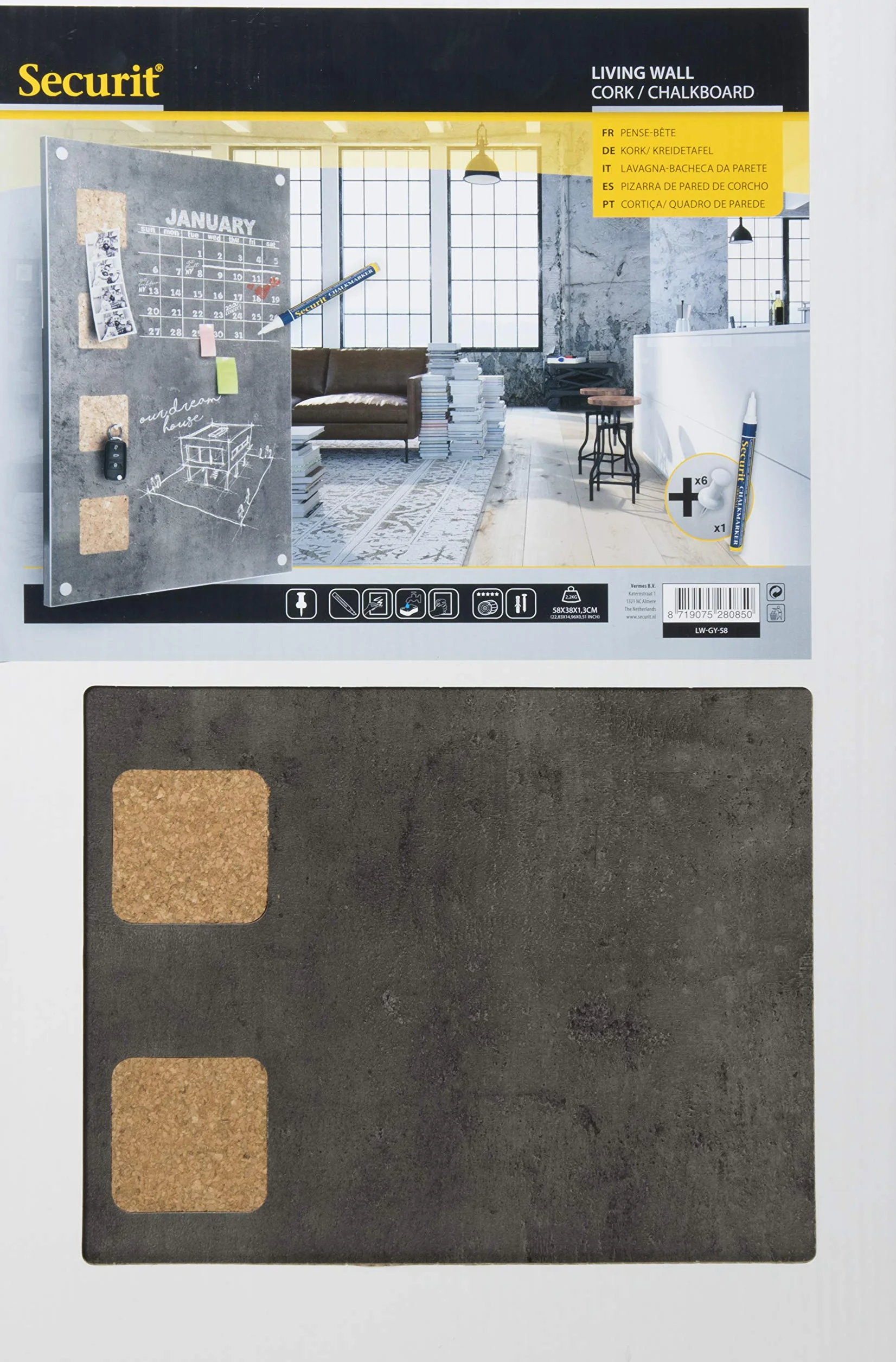 Securit Tablero de Corcho Pizarra Superficie Escritura 58x38x1.3 cm Gris Concrete Grey