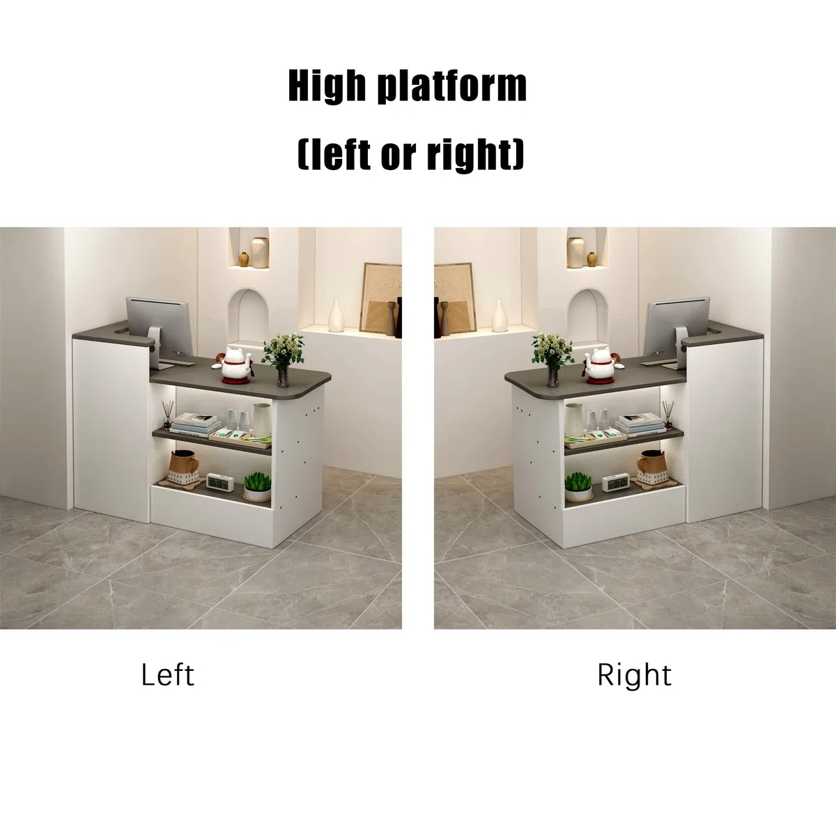 Mostrador de recepción con cajón y estantes Abiertos con Esquinas Redondeadas for Oficina, salón, Tienda y cafetería(Beige-Right,120cm)