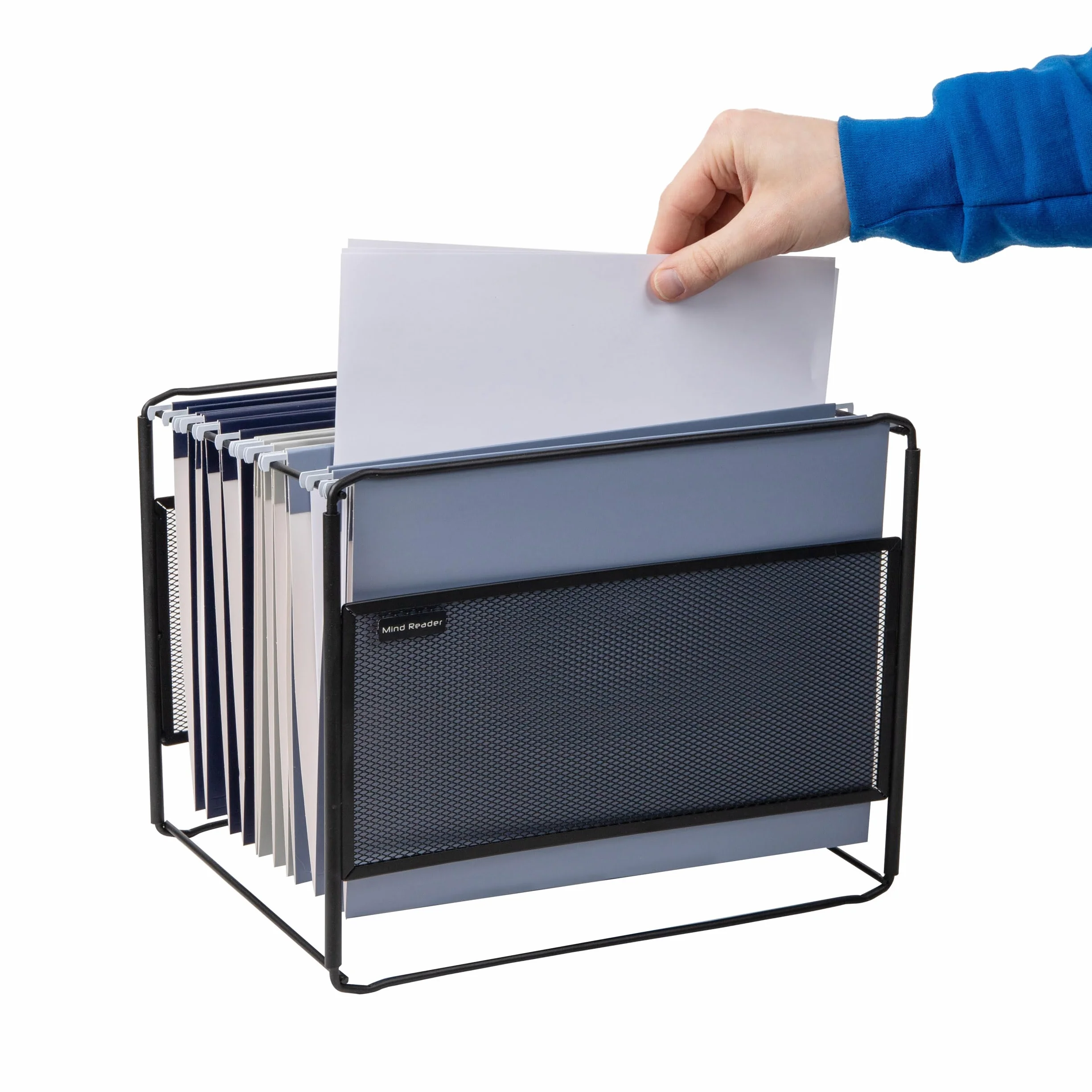 Organizador de carpetas colgantes Mind Reader, organizador de escritorio, almacenamiento, oficina, malla metálica, 13 pulgadas de largo x 9.75 pulgadas de ancho x 10.25 pulgadas de alto, negro