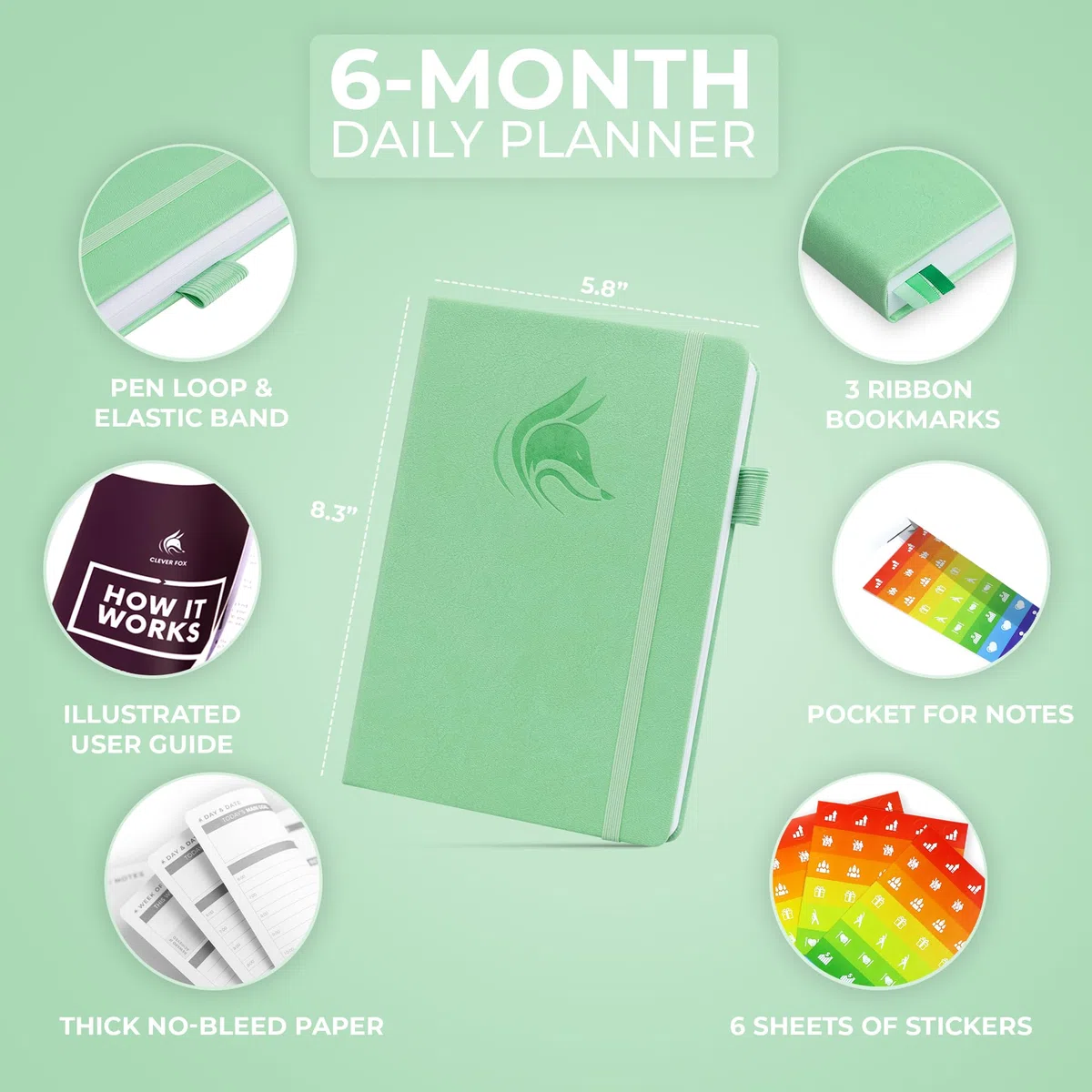 Clever Fox Planificador diario - La mejor agenda y calendario diario para aumentar tu productividad, satisfacción y objetivos - Organizador personal diario - A5, Sin fecha - Menta (Inglés)