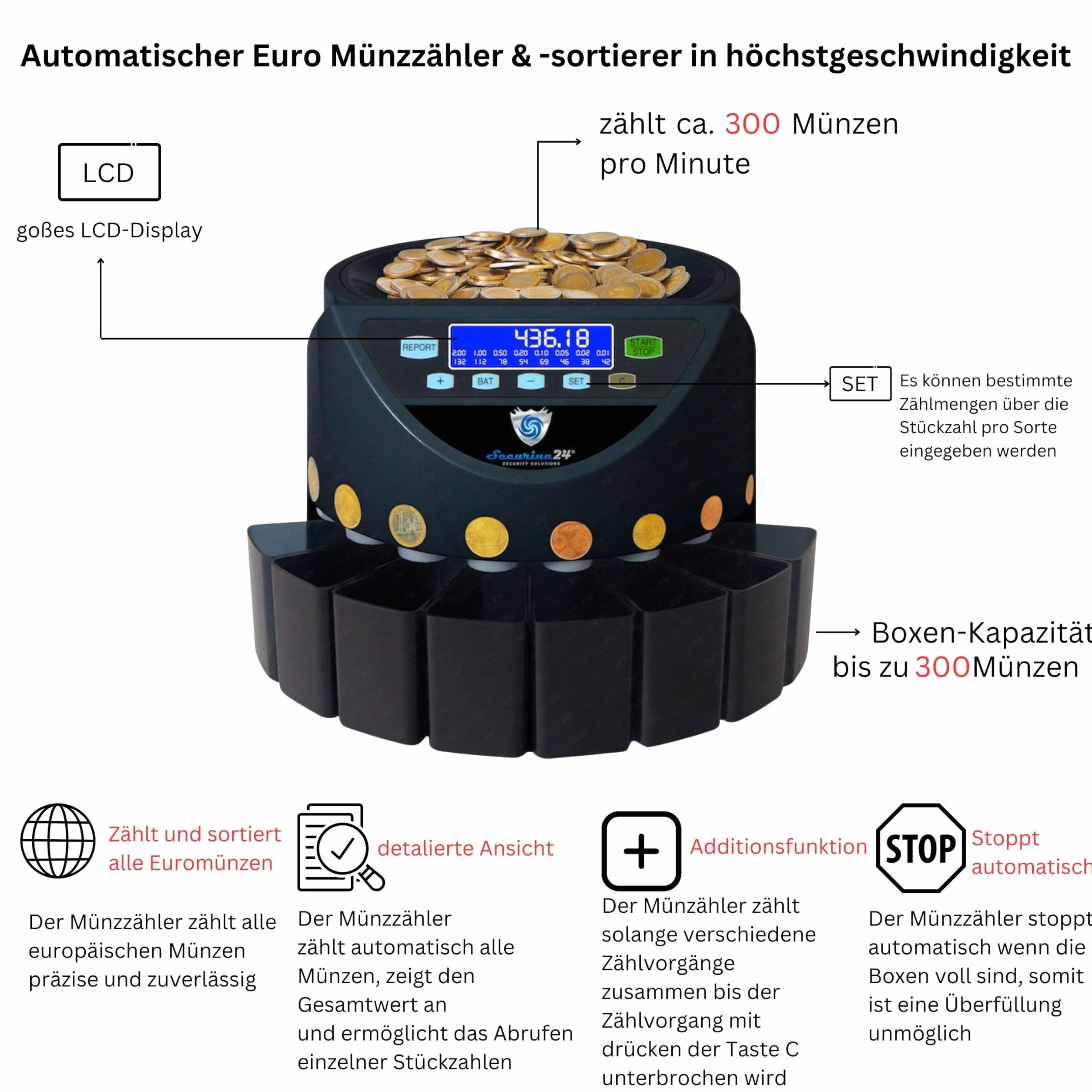 Securina24 SecuRina1200LCD Contador de monedas Euro negro