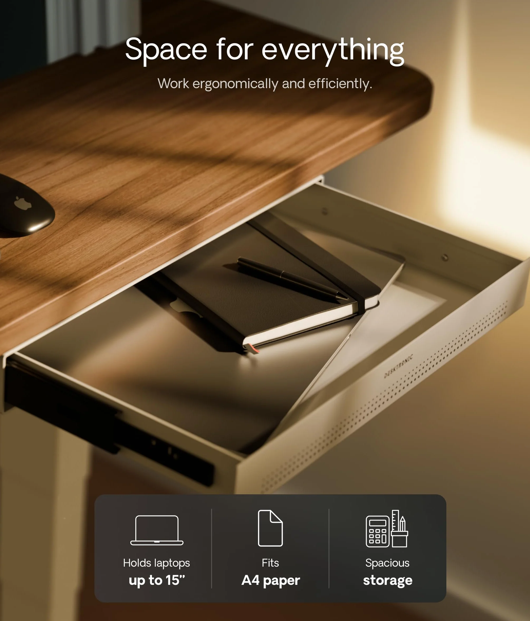 Desktronic Cajón de Escritorio – Organizador oculto bajo escritorio, cajón de almacenamiento, fácil instalación, ahorra espacio, gran capacidad, metal, para oficina y tocador, estructura resistente