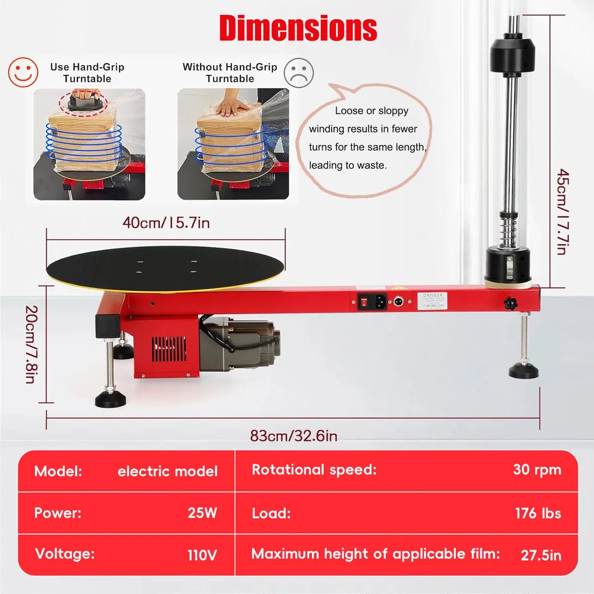 Empacadora con Dispensador de Film Estirable, Plato Giratorio 40 cm, Compatible con Film 70 cm No-Stretch-Film 220V