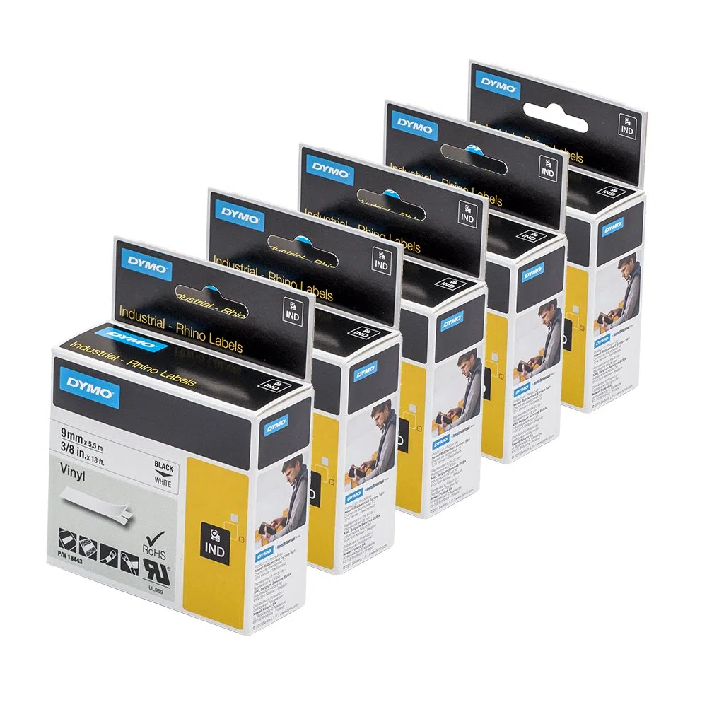 Dymo 18443 Rhino - Etiquetas industriales de vinilo autoadhesivas, 9 mm x 5,5 m, impresión negra sobre blanco + bolígrafo PaperMate
