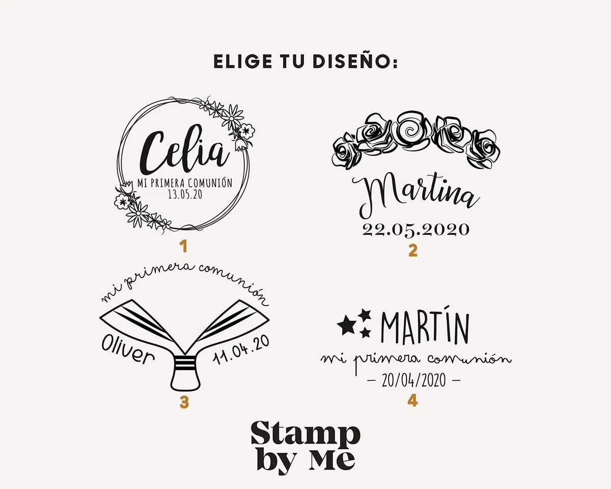 Stamp by Me | Sello Personalizado para Comunión | 4 Diseños | Sello de Madera | Sello de Comunión | Ideal para Sobres e Invitaciones | Con Tampón de Tinta Opcional | Nombre y Fecha | Corona Flores