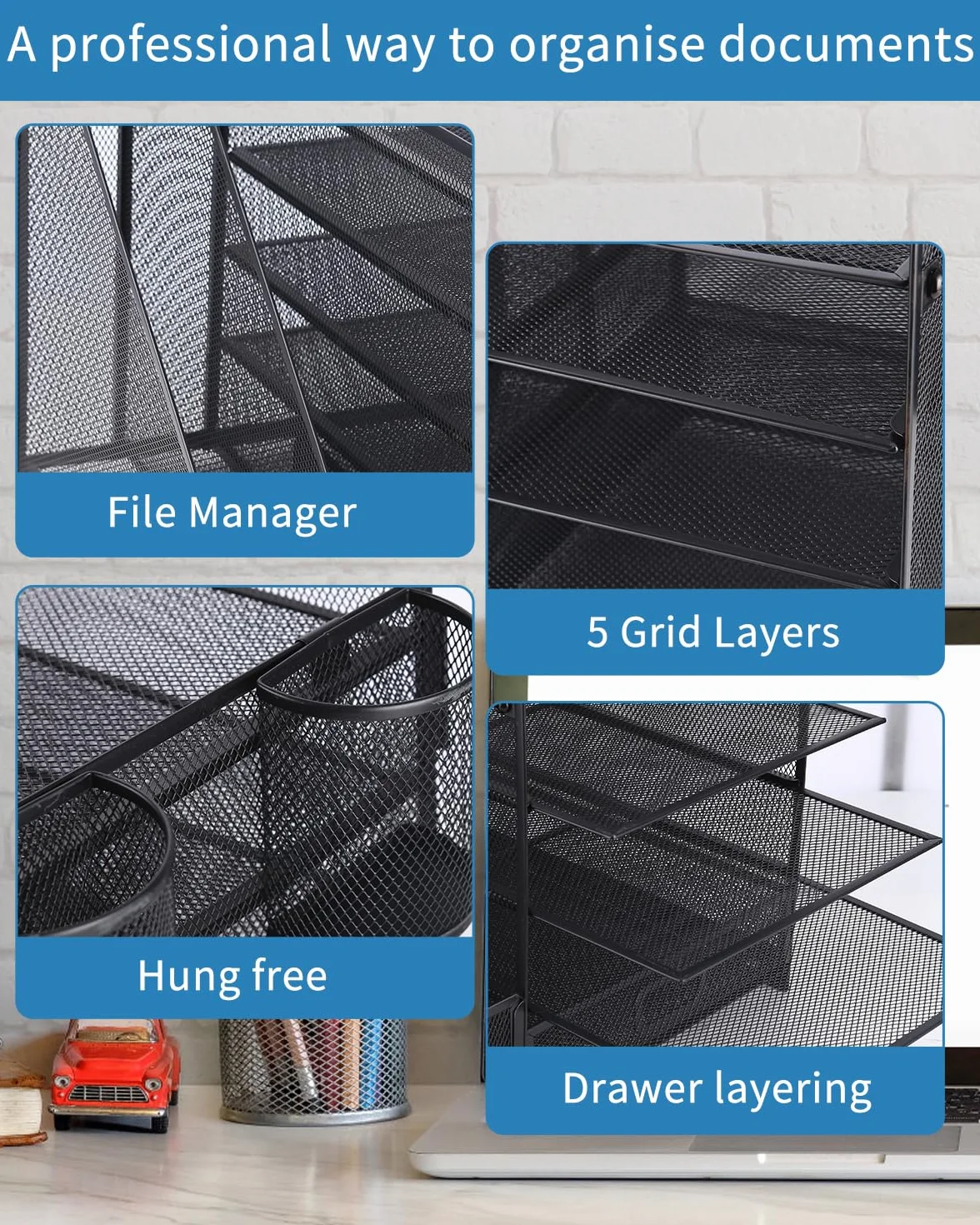 Organizador de Escritorio de Metal de 5 Niveles con Cajón y Portalápices Negro
