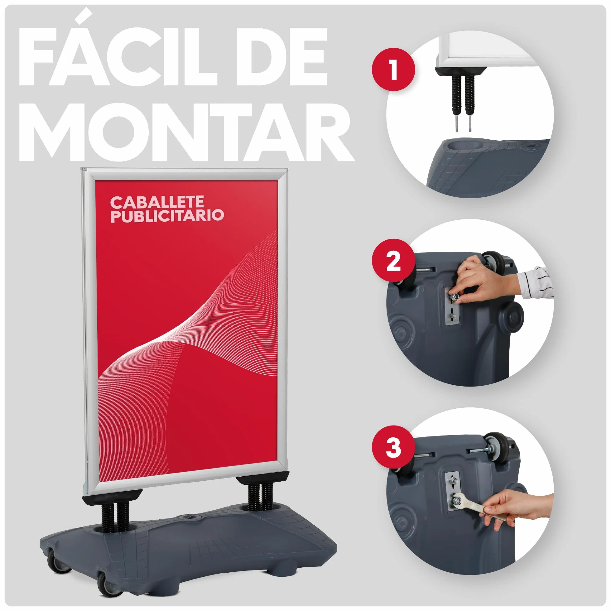Expositor Publicitario Exterior con Base Rellenable y Ruedas | Soporte para Carteles con Marco de Apertura Click | Ideal para Publicidad en Calles y Comercios | A0 | Gris