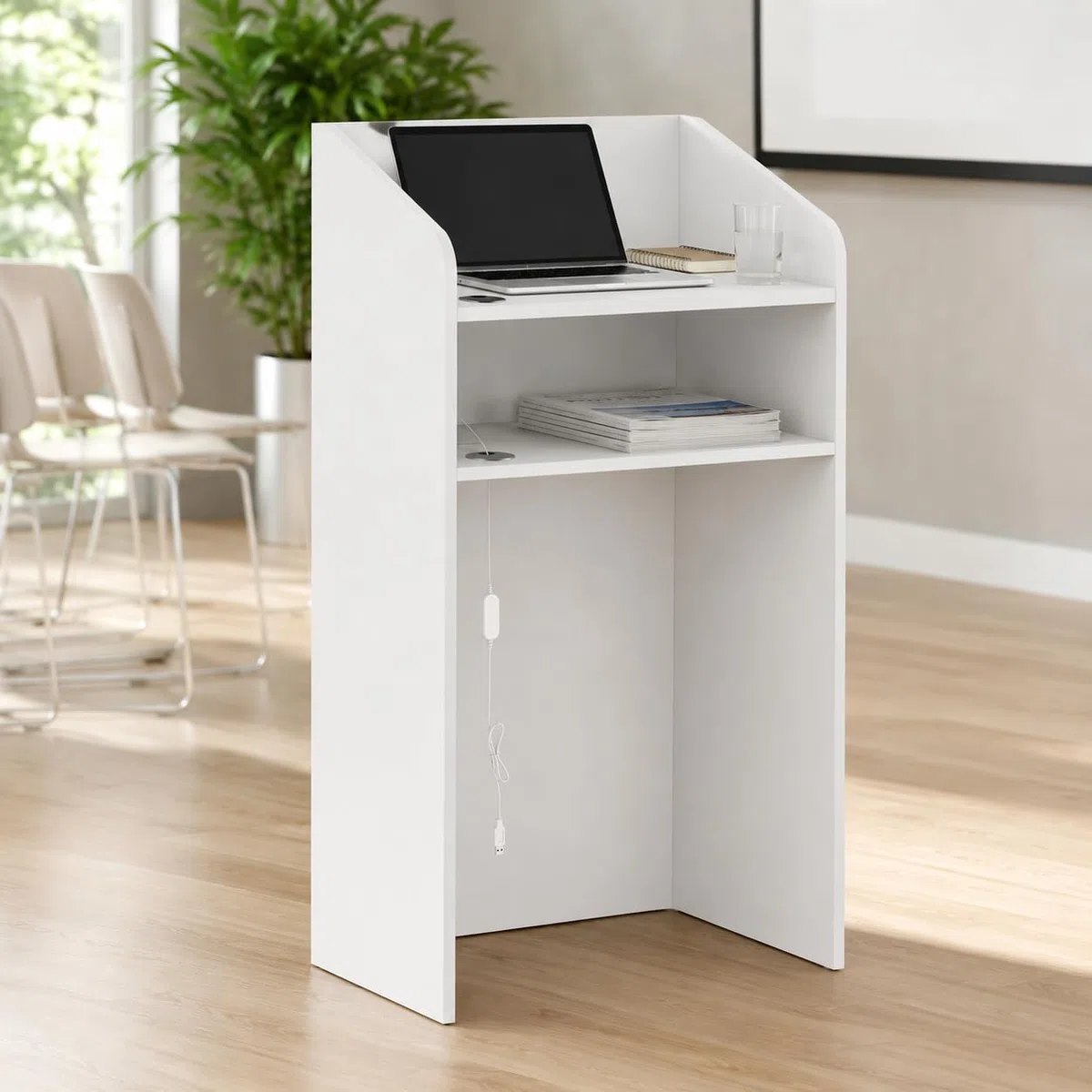 Mostrador de recepción con iluminación LED y estante expositor, mesa de mostrador con 2 estantes, pequeño mostrador de recepción para oficina, tienda, salón, 59 x 39 x 109 cm, color blanco