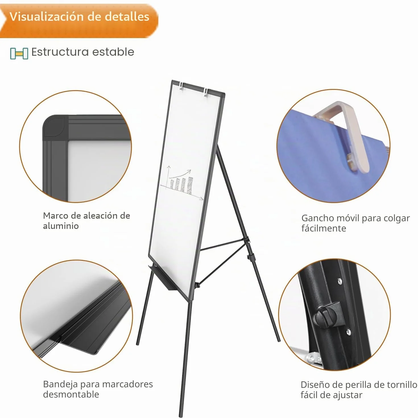VIZ-PRO Pizarra blanca magnética 90x60 cm con caballete altura ajustable marco negro