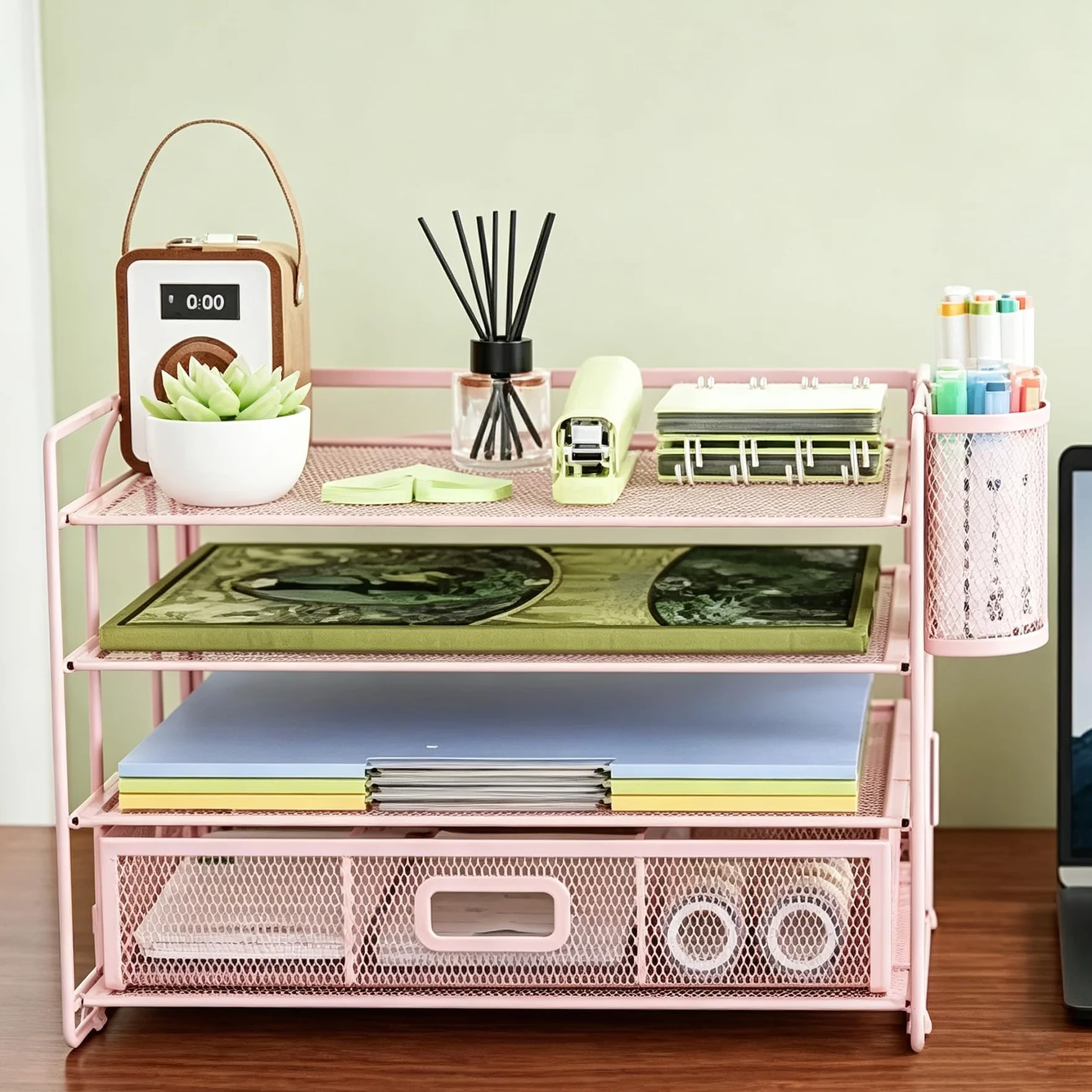 Marbrasse Organizador Escritorio 4-Tire Bandejas Oficina Soportes Bolígrafos Rosa