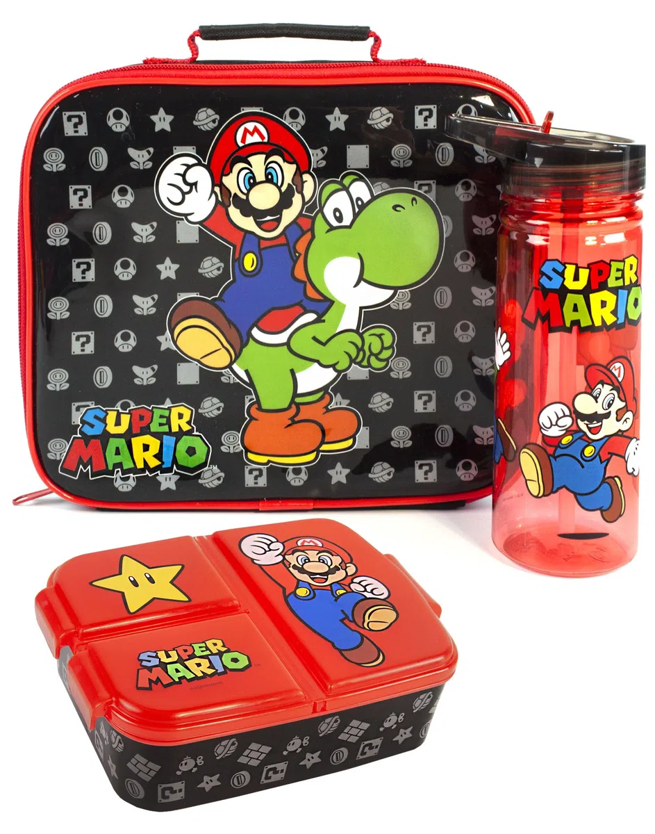 Super Mario Lunch Box Set for Kids | Yoshi Childrens School Food Bag, BPA Free Water Bottle 580ML & Snack Pot | Gamer Merchandise Gifts One Size