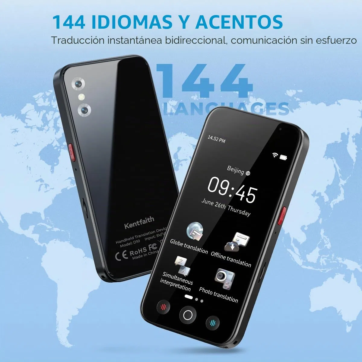 kentfaith Dispositivo Traductor de Voz Portátil, 144 Idiomas Online&Offline, Pantalla 5” Táctil, Cámara 8MP, ChatGPT Integrado, Traductor Bidireccional Instantáneo para Viajes/Negocios/Estudio -128G