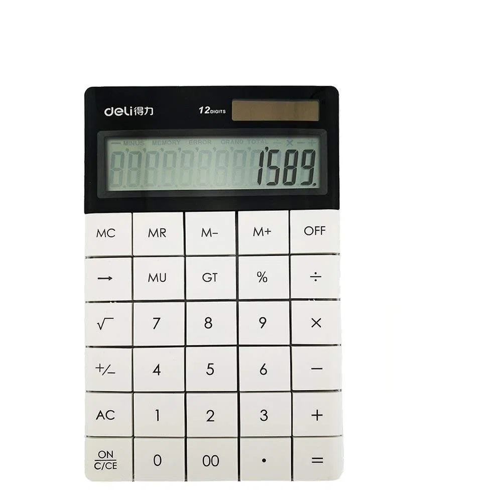 Deli 1589 - Calculadora electrónica de doble potencia solar y funciona con pilas, 12 dígitos blanco