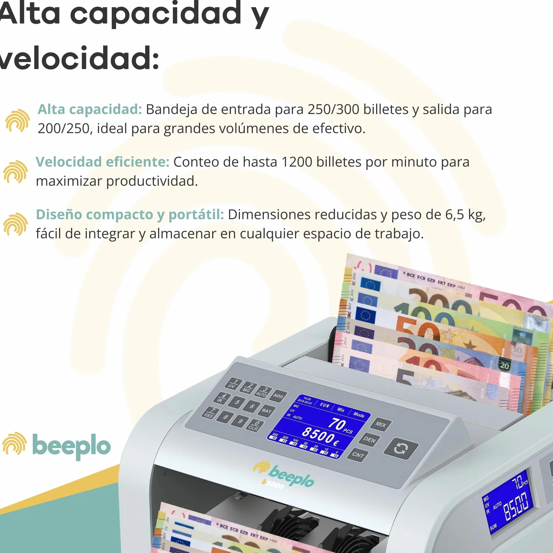 b5000 | Contadora Totalizadora de Billetes EUR | 5 Sistemas de Detección Automática | Precisión Total | Garantía 4 Años