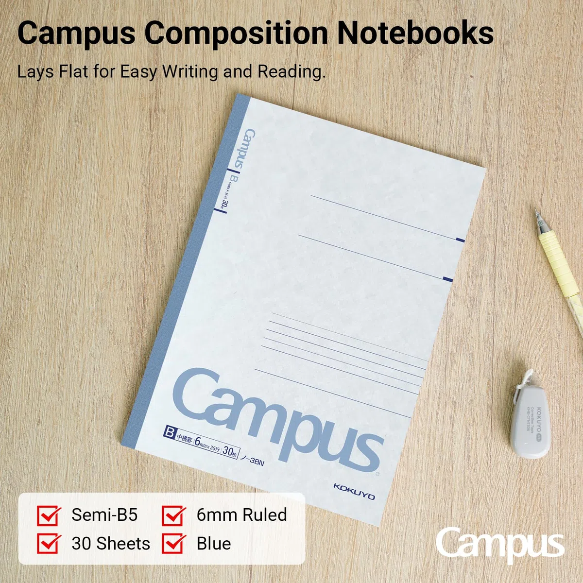 KOKUYO Campus (NO-3BNX10) Cuaderno B de 6 mm, a rayas, semi-B5, 30 hojas, 35 líneas, azul, paquete de 10