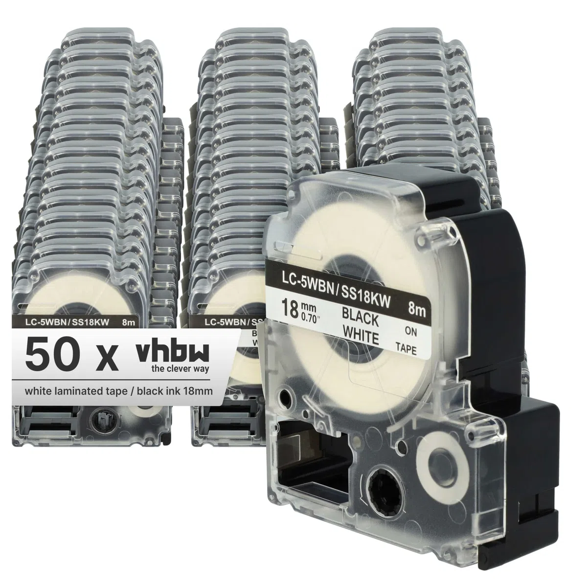 vhbw 50x cinta de escritura compatible con Epson LabelWorks OK900P impresora etiqueta 8m x 18 mm negro a blanco