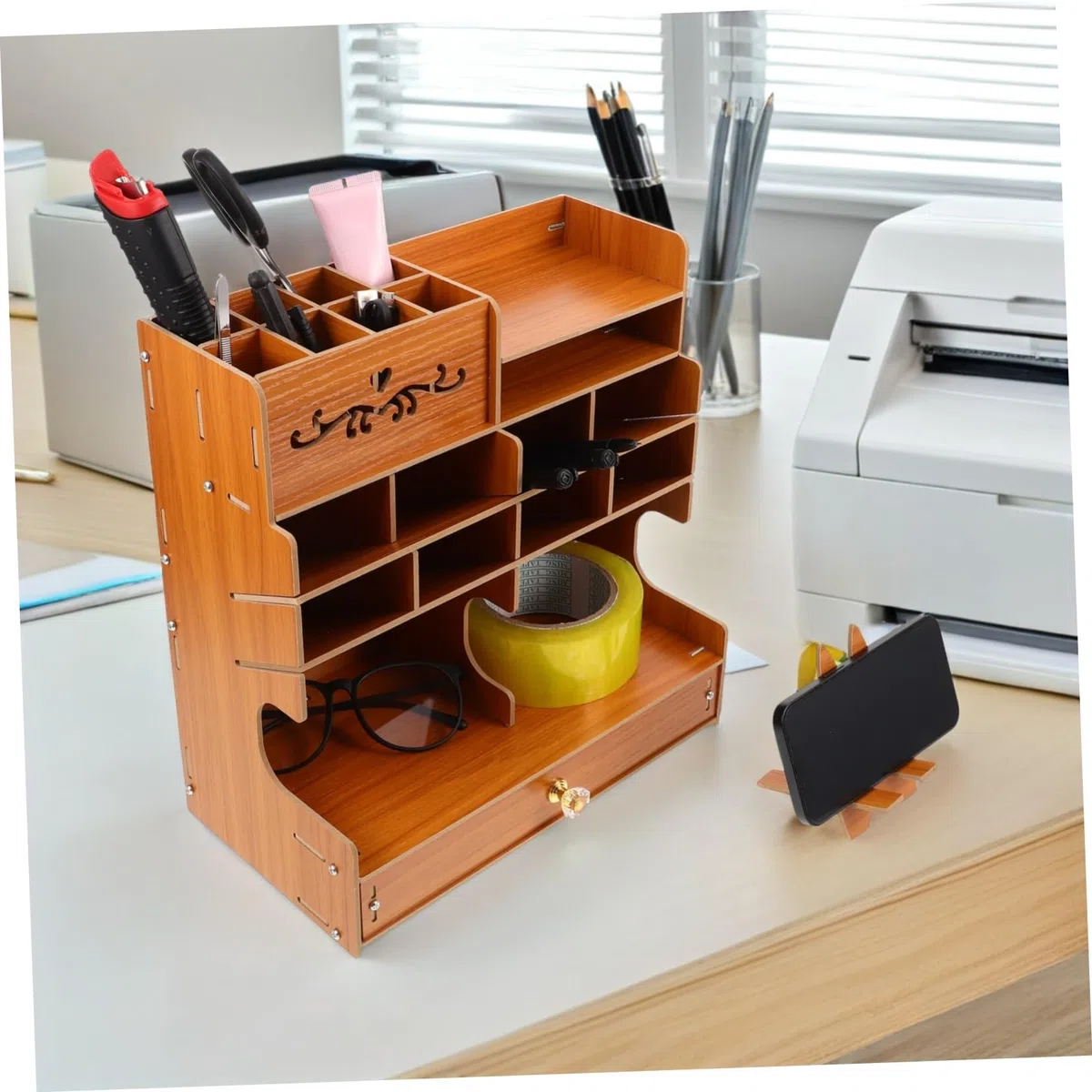 Veemoon Portalápices de Madera de Gran Capacidad con Compartimentos | Base Estable, Diseño Elegante, Organizador de Papelería para Oficina y Hogar, Estructura Multicompartimento