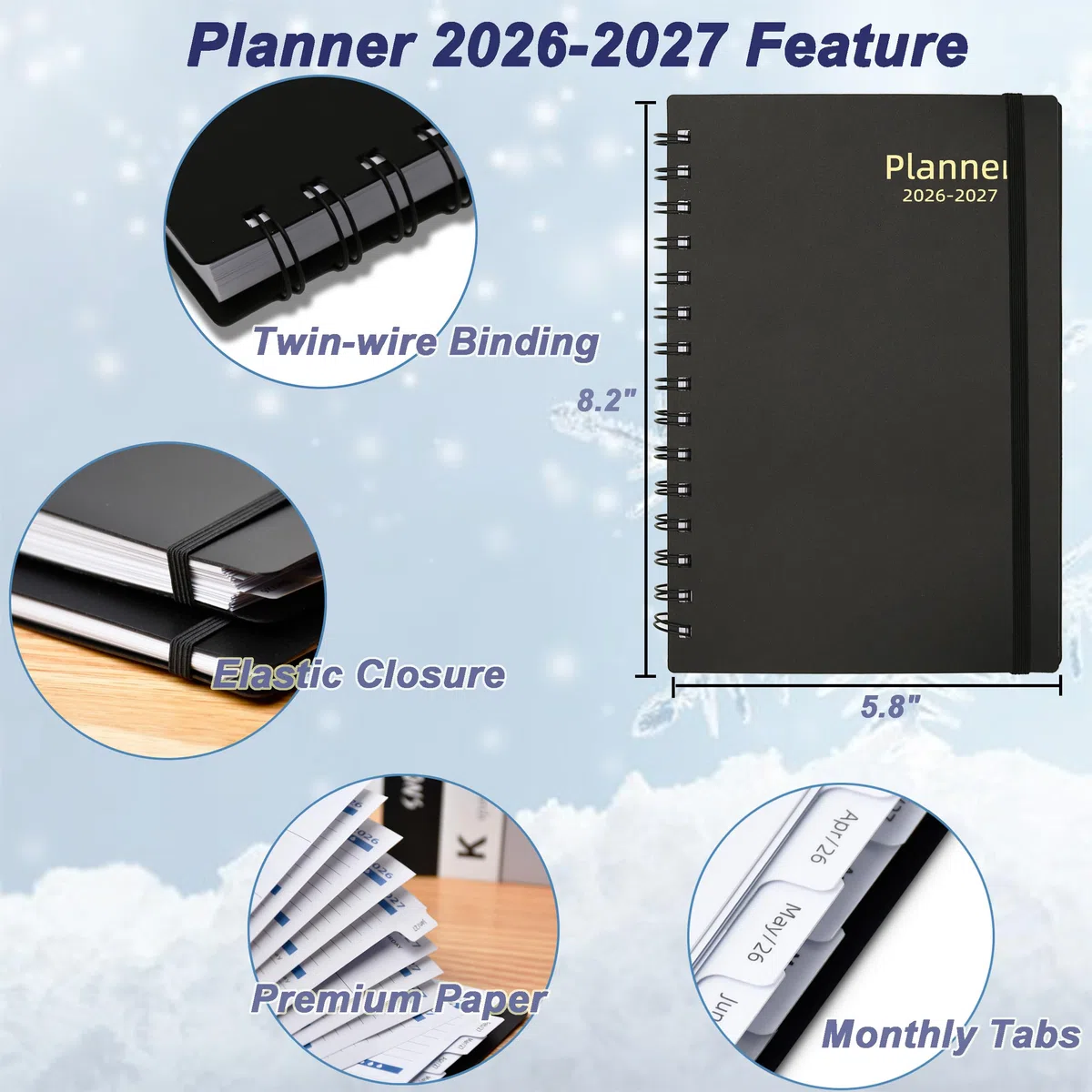 Agenda semanal y mensual 2026-2027, 2026, de julio de 2026 a diciembre de 2027, agenda de 18 meses con pestañas, tamaño A5, color negro