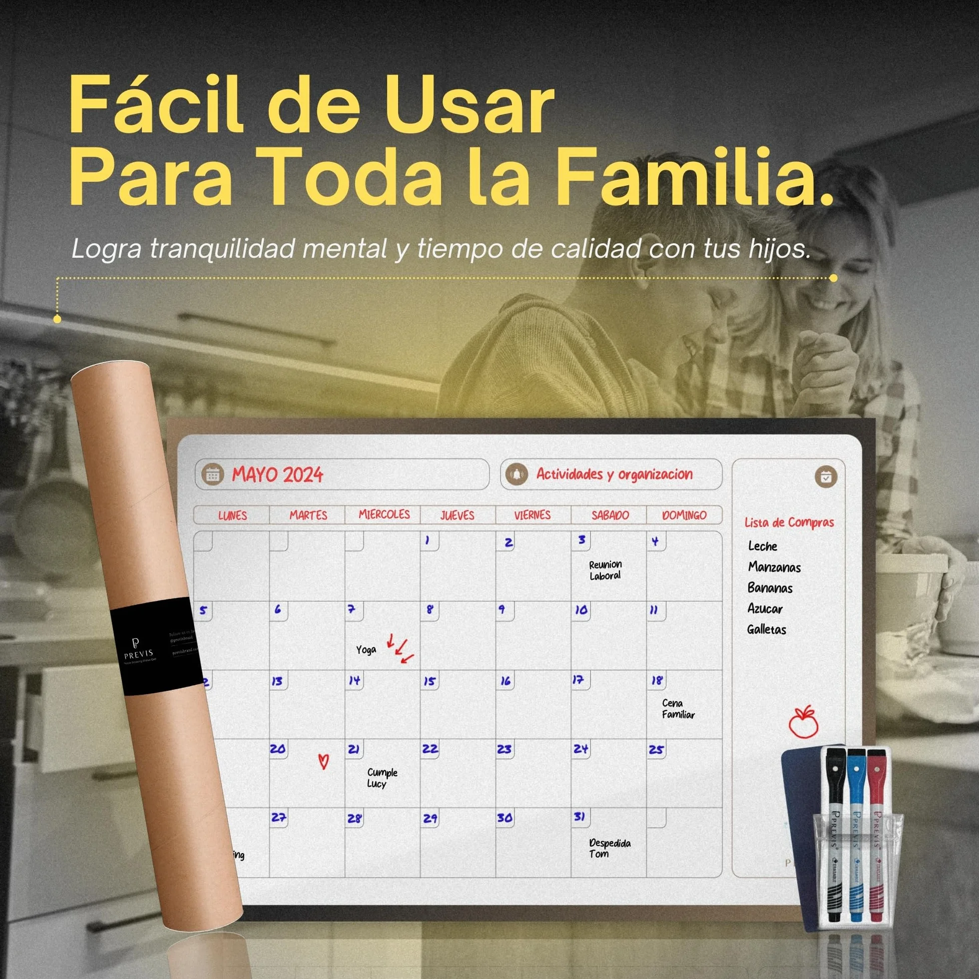 PREVIS Pizarra Calendario Pared Adhesivo A2 60x40cm Planificador Mensual con Rotuladores 2026