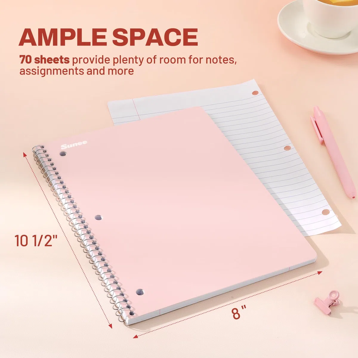 SUNEE Cuadernos en espiral, 1 materia, paquete de 10, papel rayado universitario, 8 x 10-1/2 pulgadas, 70 hojas por cuaderno, papel perforado de 3 agujeros, rosa, morado, azul, verde, amarillo,