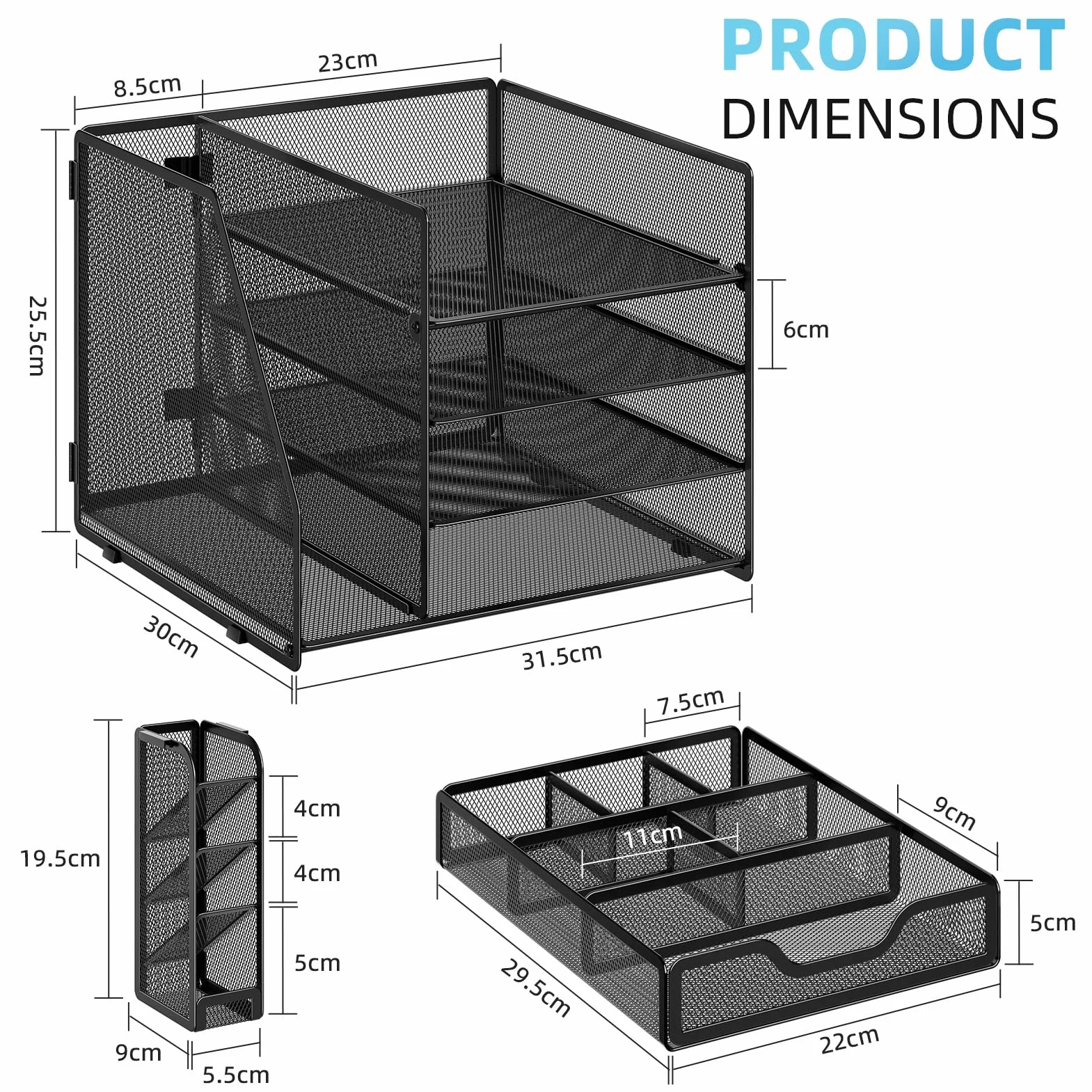 Marbrasse Malla Organizador De Escritorio,4 Niveles Archivador de Escritorio con Cajón,Bandeja Multifuncional para Papeles y Cartas con Soporte para Bolígrafos (Negro)