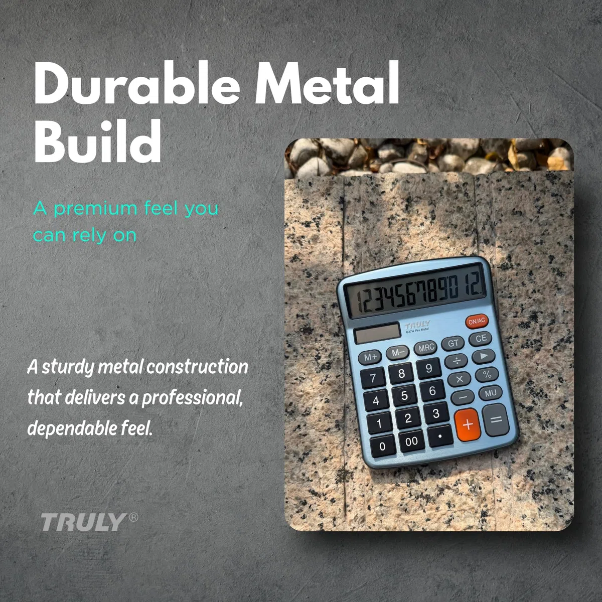 TRULY Calculadora de escritorio de 12 dígitos con pantalla grande, botones grandes, doble alimentación (solar + batería), acabado metálico, ideal para oficina, hogar, escuela - 837A Pro azul claro