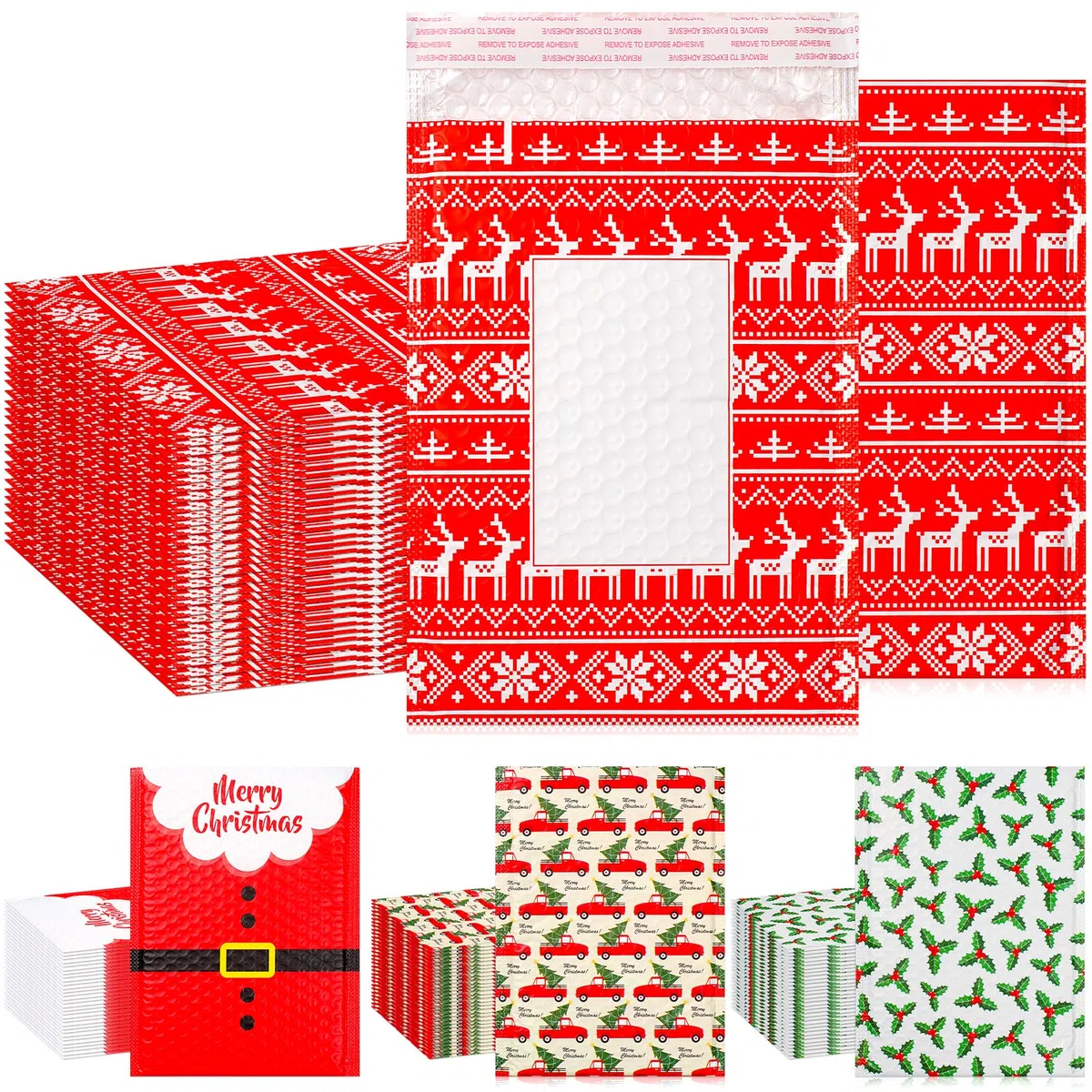 Cholemy 60 sobres de burbujas de Navidad de 7 x 9 pulgadas, sobres acolchados con área de escritura, sobres acolchados de burbujas de Papá Noel, bolsas de envío navideñas con tira autosellante