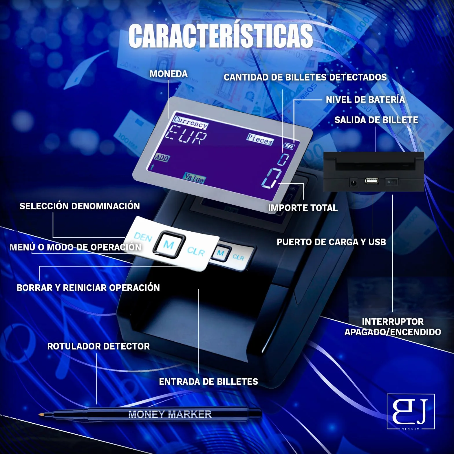 B&J SecureTech® - PACK De Detector De Billetes Falsos 2026 PORTÁTIL + Rotulador Billetes Falsos | 100% DETECCIÓN Y FIABILIDAD Para 3 Divisas EUR, GBP, USD
