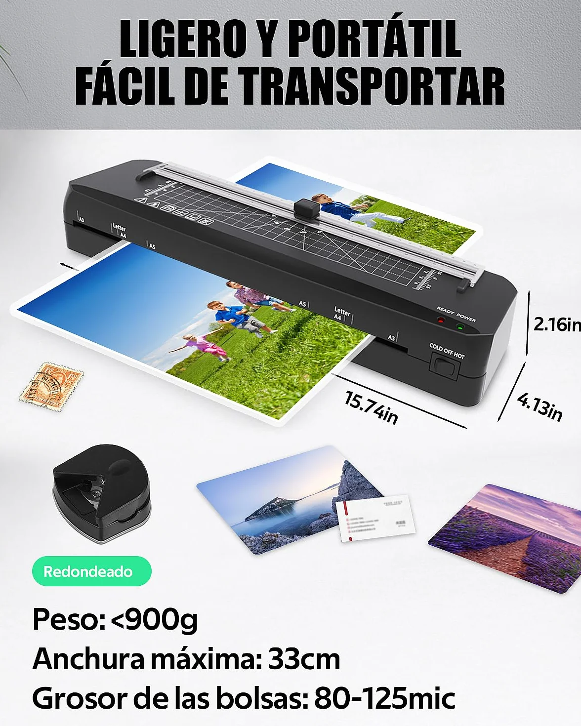 Plastificadora A3 Calentamiento Rápido 70 Segundos, Máquina Laminadora Frío y Caliente con Cortador Integrado y 50 Bolsas