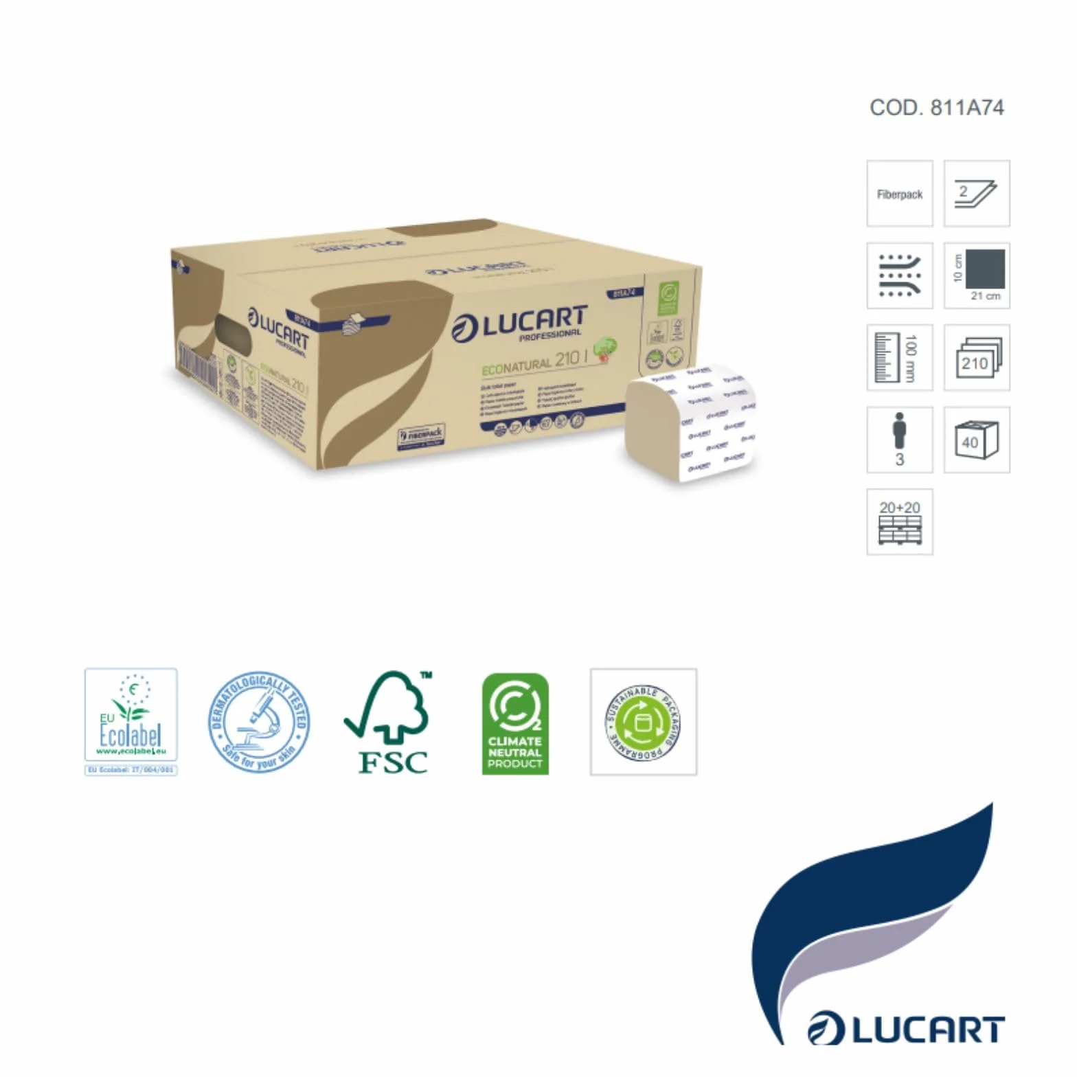 Lucart Professional, EcoNatural 210I, Papel Higiénico Interplegado en Fiberpack, Ideal para Baños Públicos y Oficinas, 210 piezas por paquete, 10x21 cm, 40 paquetes