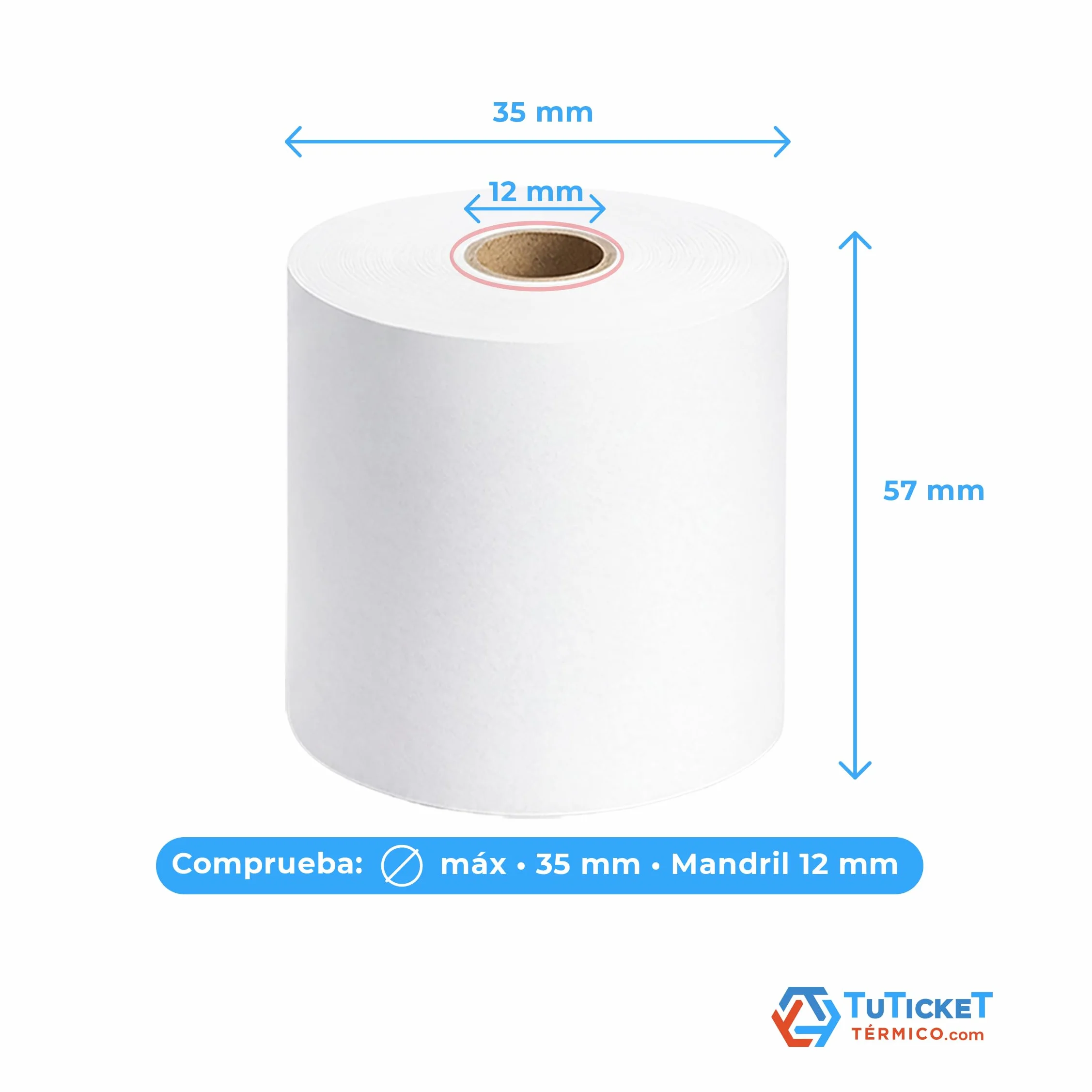 Rollos de Papel Térmico 57x35x12 mm (90 uds) Especial para cobros con Datáfono. Apto para sistemas compactos y portátiles. Sin Bisphenol A. PEFC. Producto C.E.