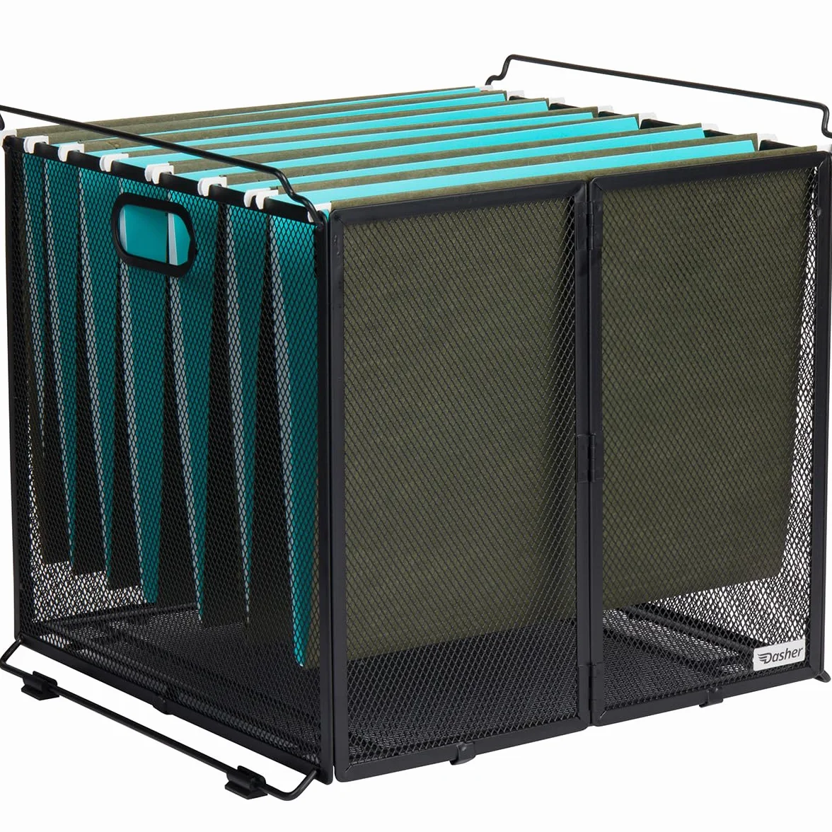Dasher Products Organizador de documentos colgante tamaño A4, contenedor de carpeta de archivos suspendida, caja de malla de metal negro, soporte para documentos, organizador portátil colgante