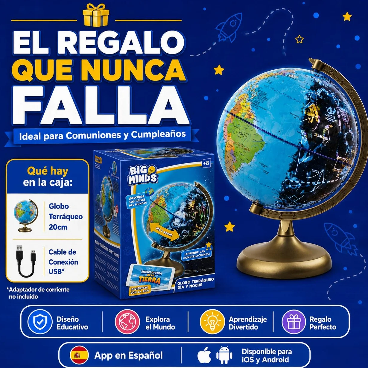 Globo Terráqueo Interactivo Niños con App Luz LED Español Big Minds