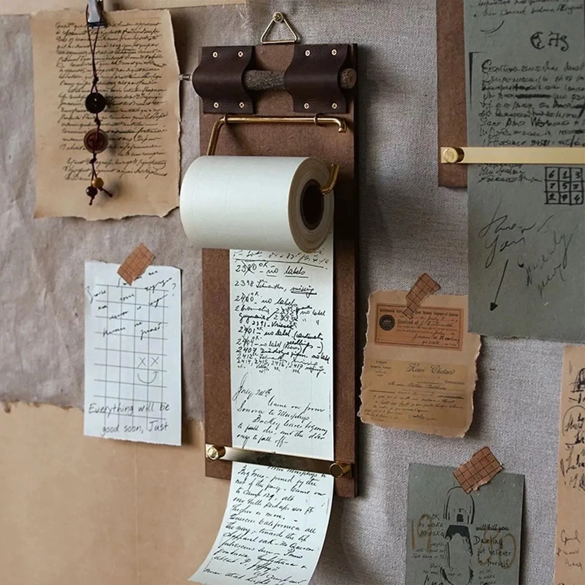 Bloc de desplazamiento vintage (rollo de papel + clips de tablero), juego de cuaderno de papel kraft montado en la pared o colocado con clip de metal, bloc de notas de papel kraft recargable para