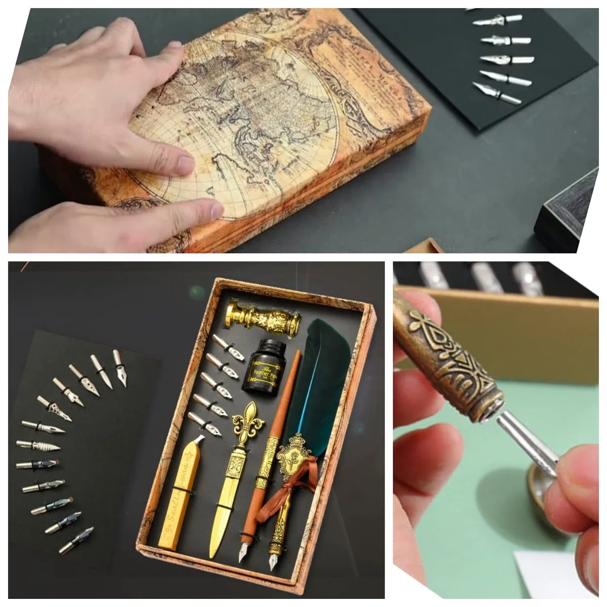 Joyeee Quill Pen Juego de caligrafía, con bolígrafo de inmersión de madera, puntas, sello de cera de sellado, soporte de bolígrafo de inmersión, tinta negra, azul marino