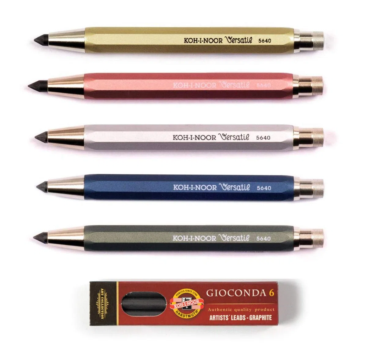 KOH-I-NOOR portaminas Automatic con sacapuntas (metal No. 5640 Diferentes sets, grosor de las Minas 5.6 mm, color Gold+Silber+Rosa+Blau+Grün+Minen