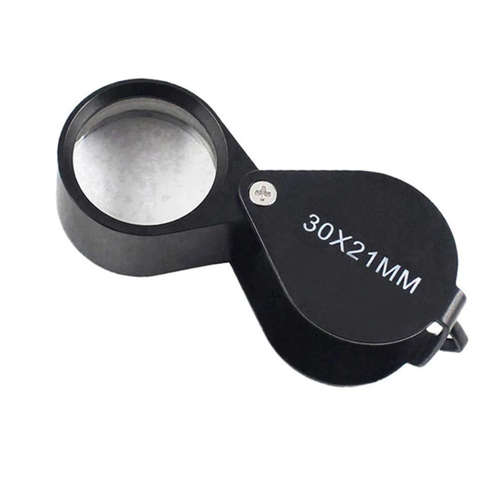 iKKEGOL Lupa de bolsillo para joyas, 30 x 21 mm, plegable, lupa de cristal, cuerpo de metal, color negro con caja