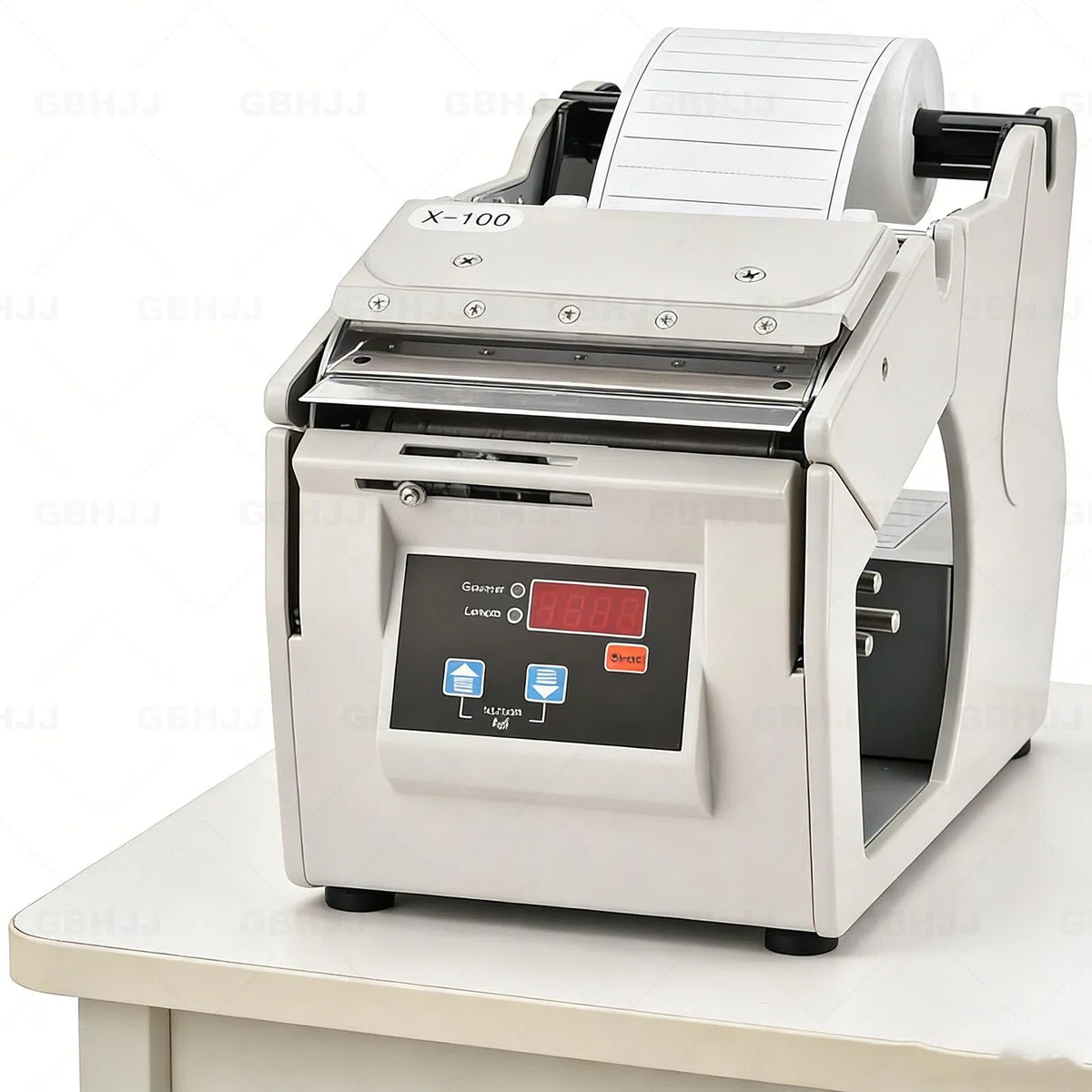Dispensador automático de etiquetas con control digital para separación de calcomanías de alta velocidad, agiliza el flujo de trabajo eliminando movimientos repetitivos